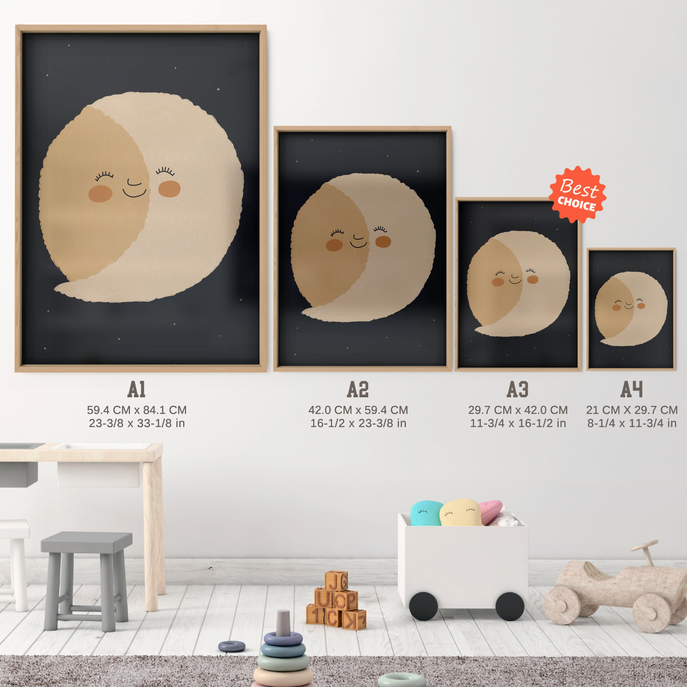 Moon Face Nursery Print - size guide A4 A3 A2 A1 nursery print