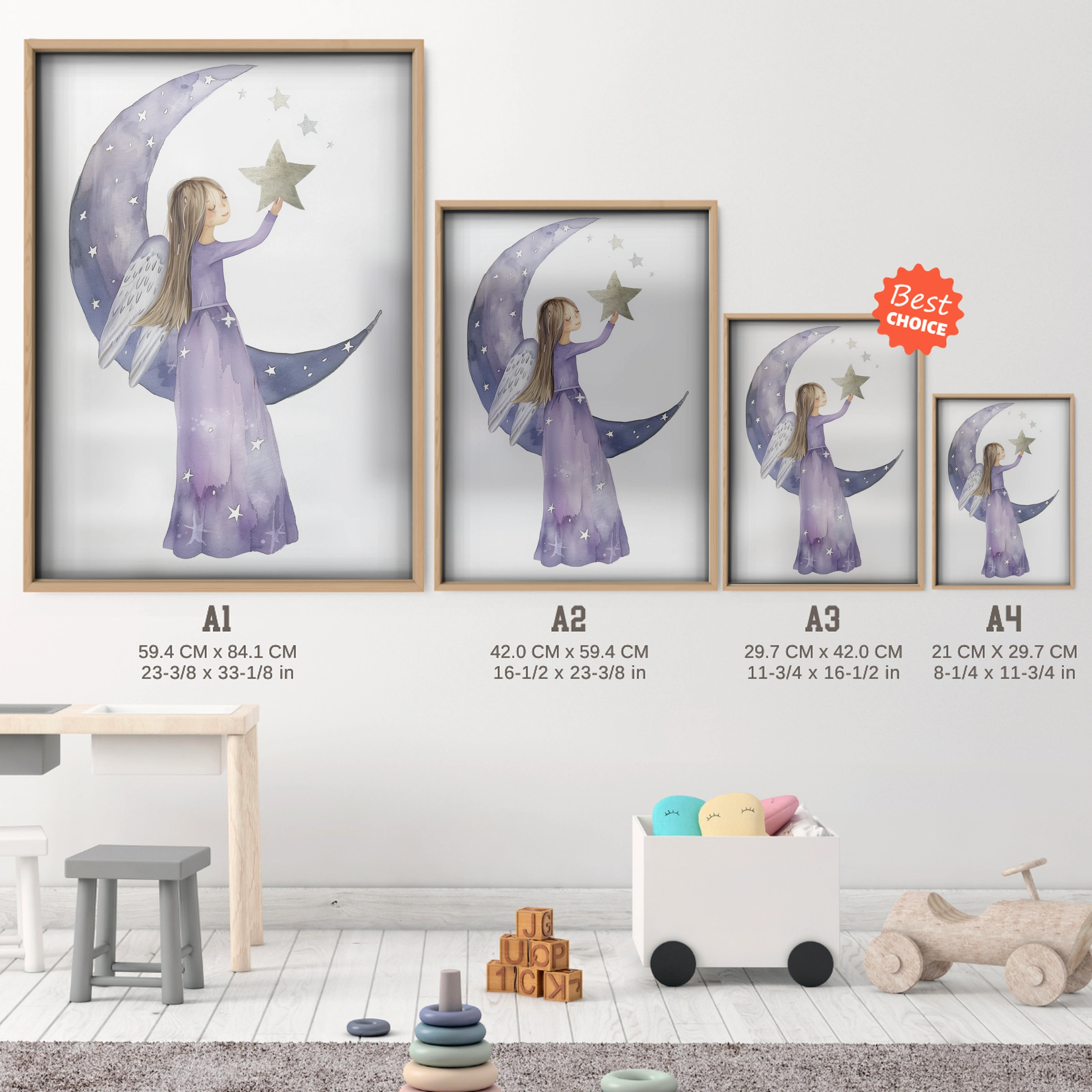 Moon Fairy Nursery Print - size guide A4 A3 A2 A1 nursery print