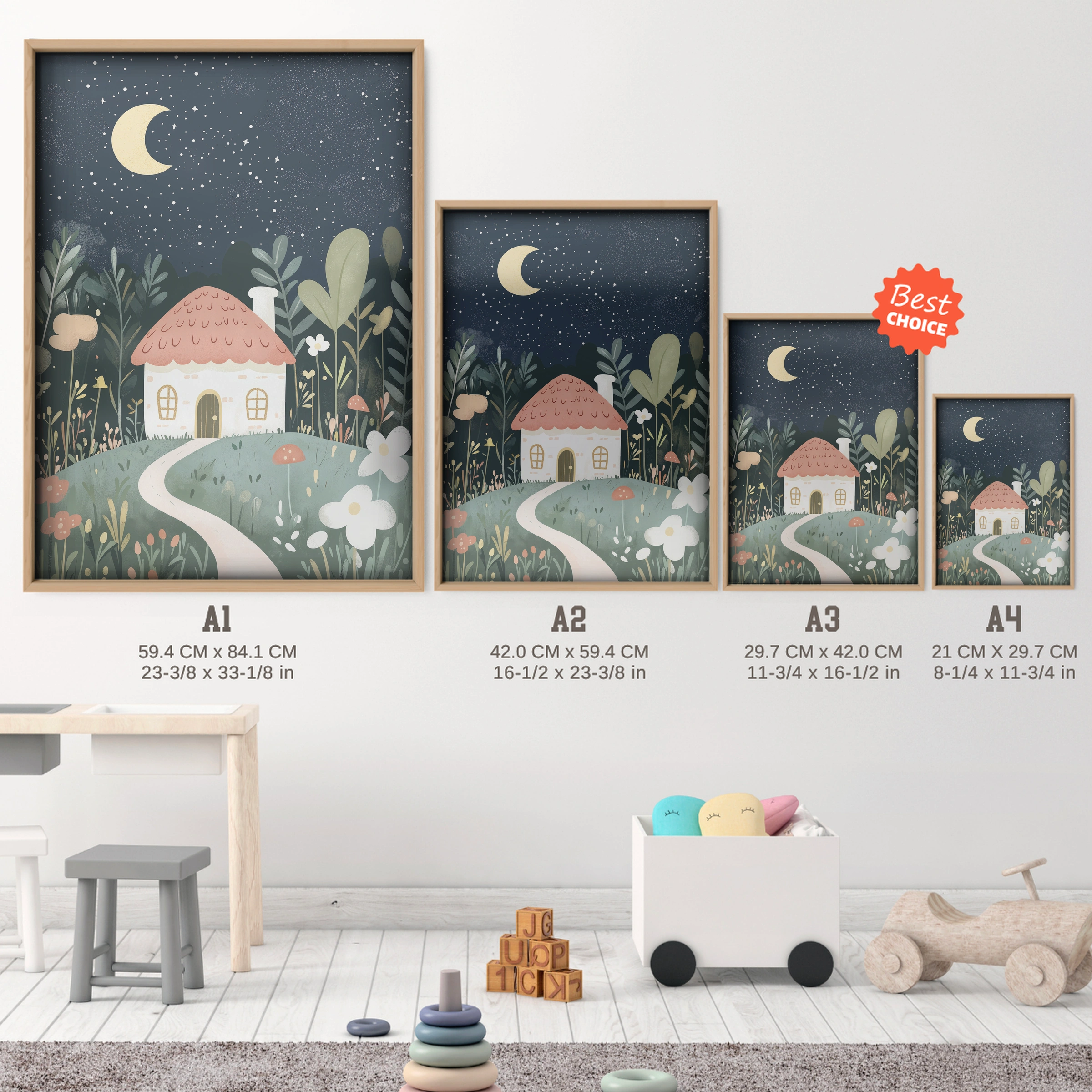 Moonlit Village Nursery Print - size guide A4 A3 A2 A1 nursery print