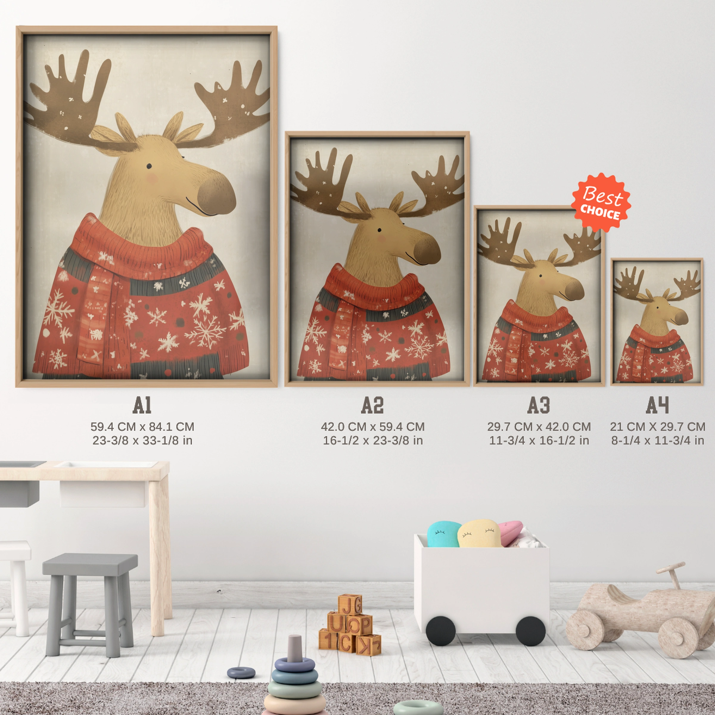 Moose in a Sweater Christmas Print - size guide A4 A3 A2 A1 nursery print