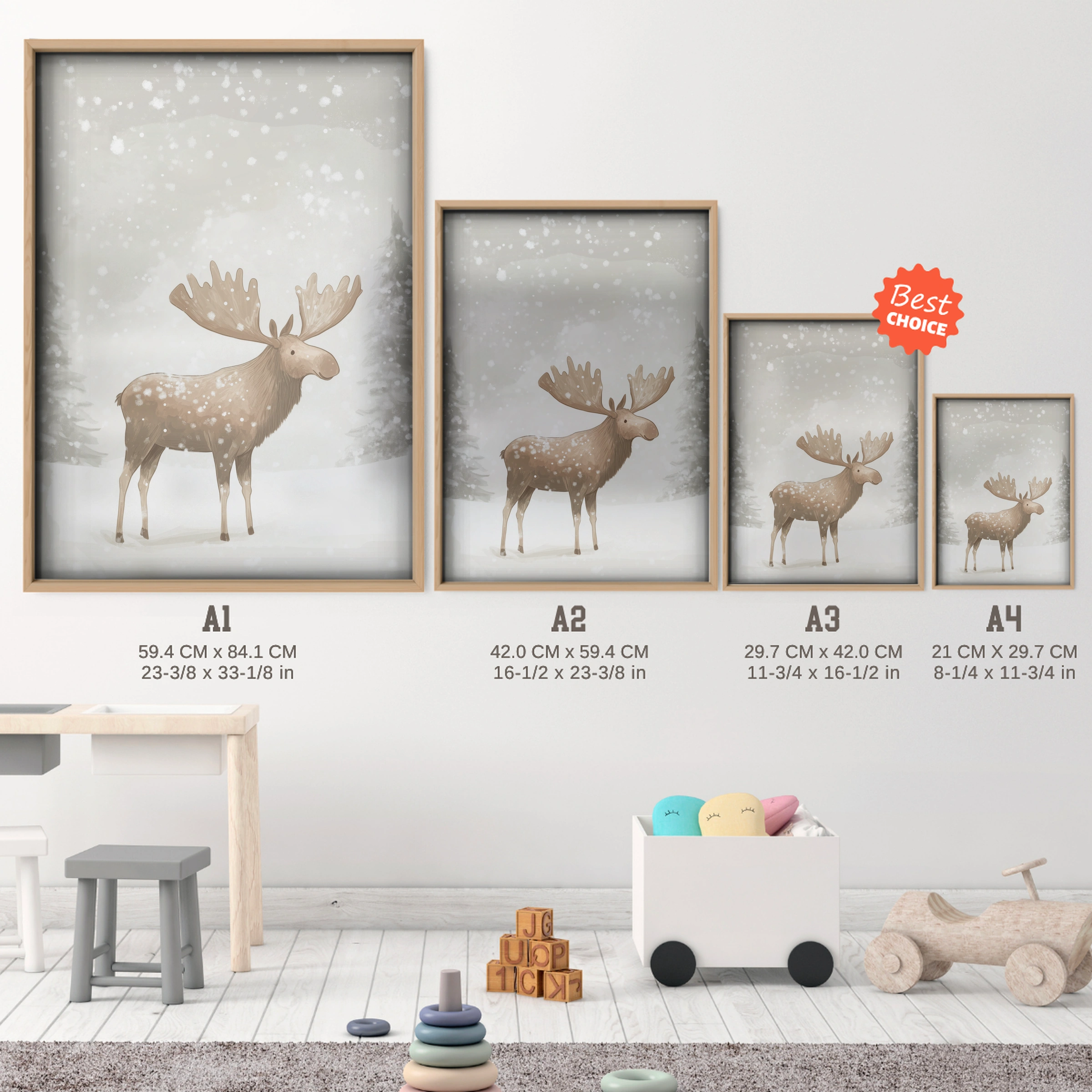 Moose in the Snow Christmas Print - size guide A4 A3 A2 A1 nursery print