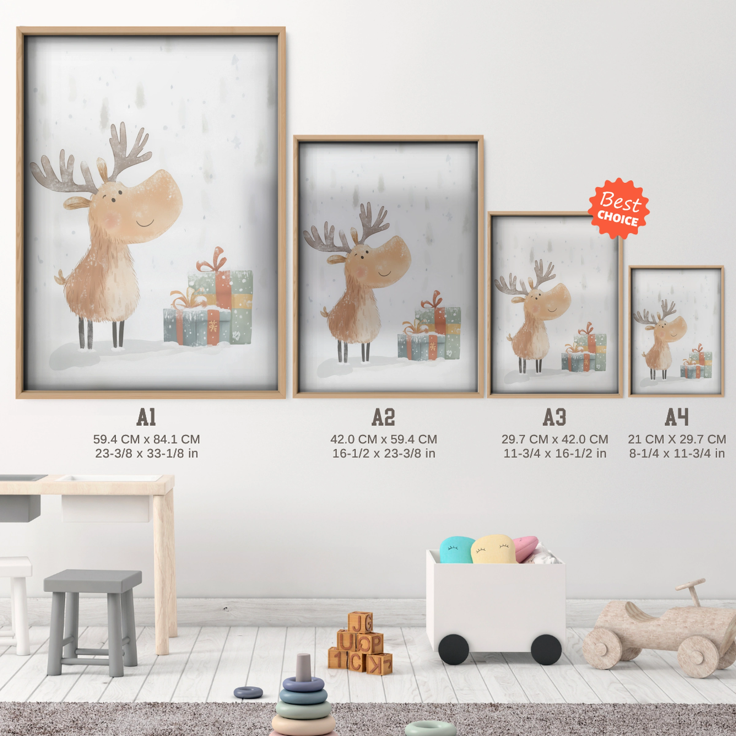 Moose with Gifts Christmas Print - size guide A4 A3 A2 A1 nursery print