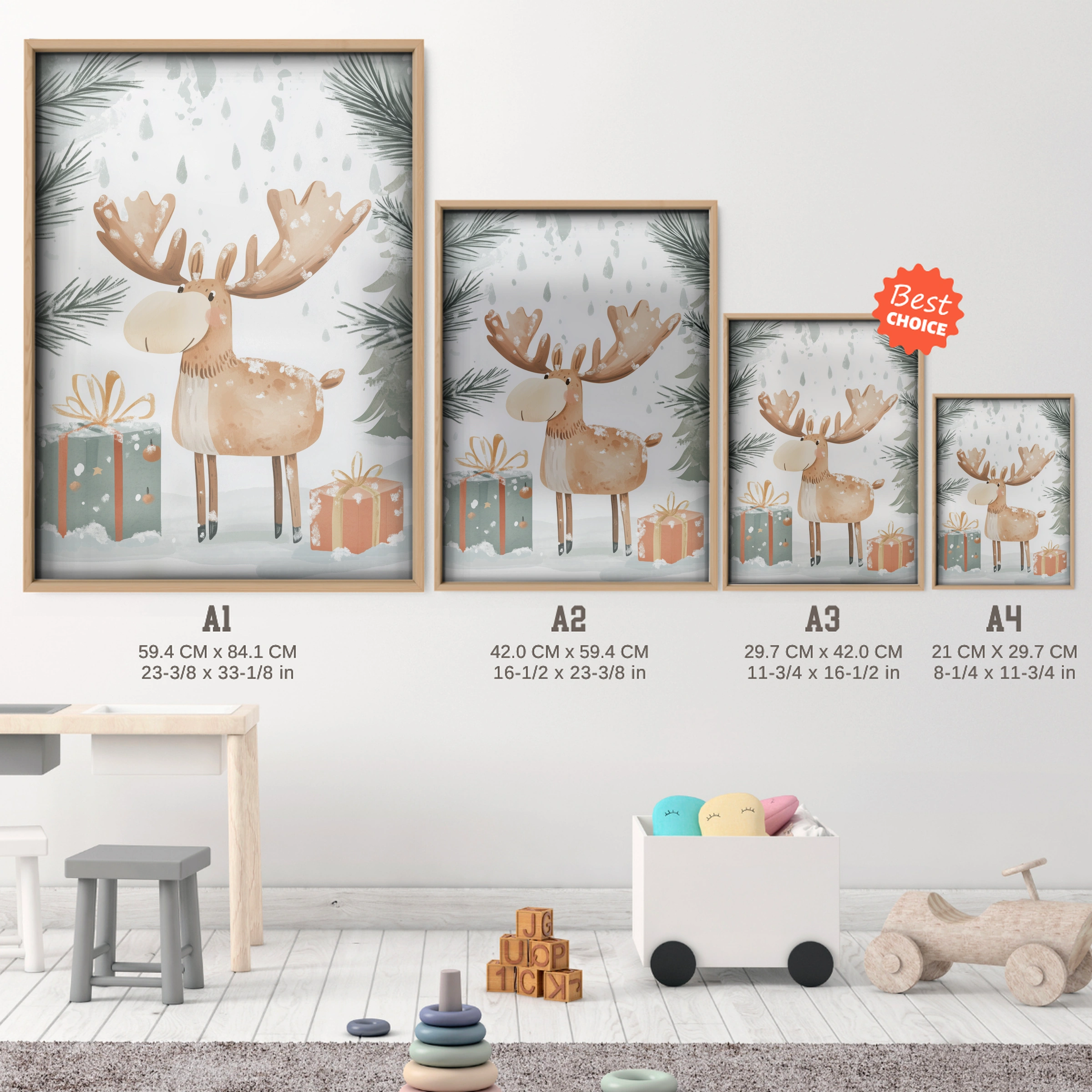 Moose with Gifts Two Christmas Print - size guide A4 A3 A2 A1 nursery print