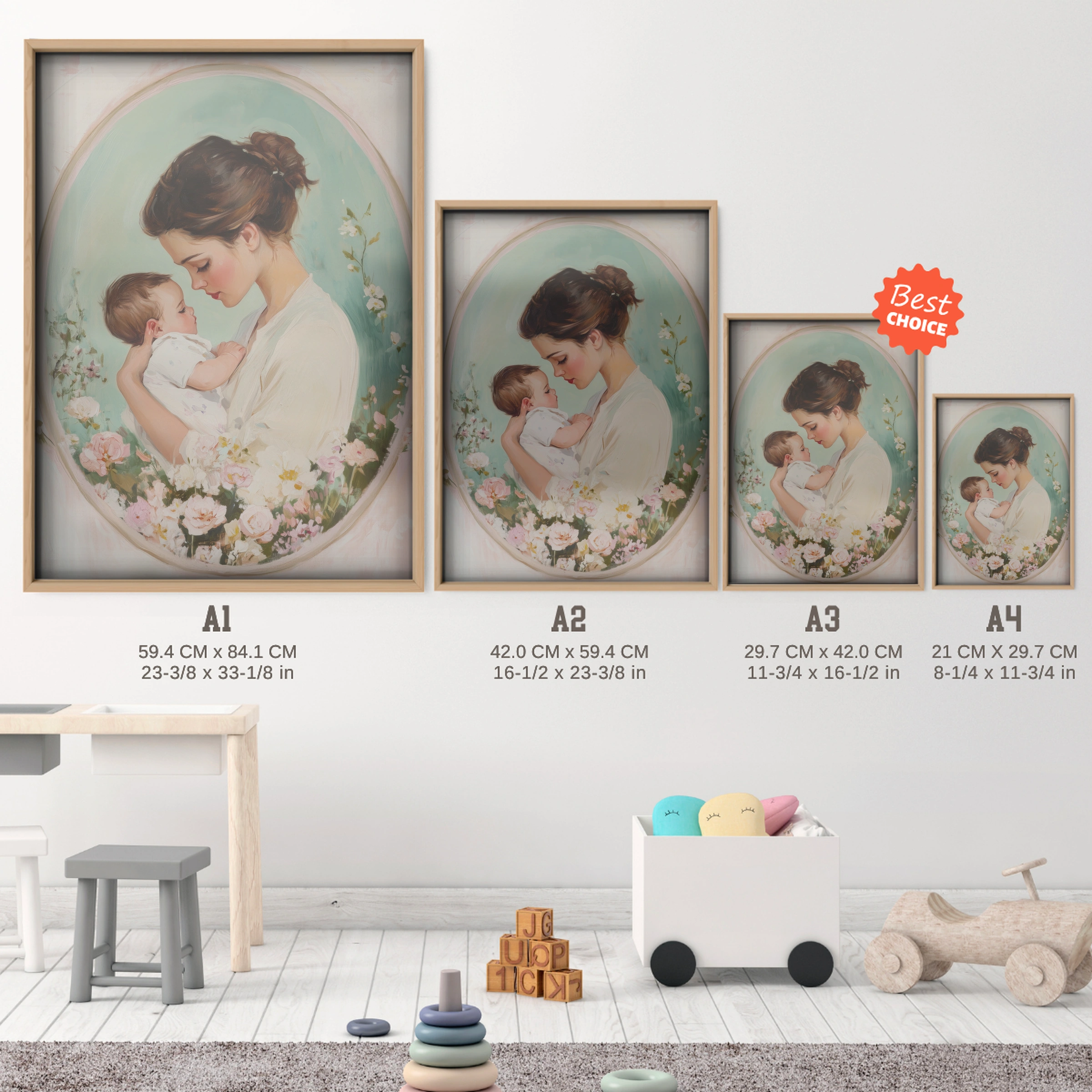Mother and Baby Cameo Nursery Print - size guide A4 A3 A2 A1 nursery print