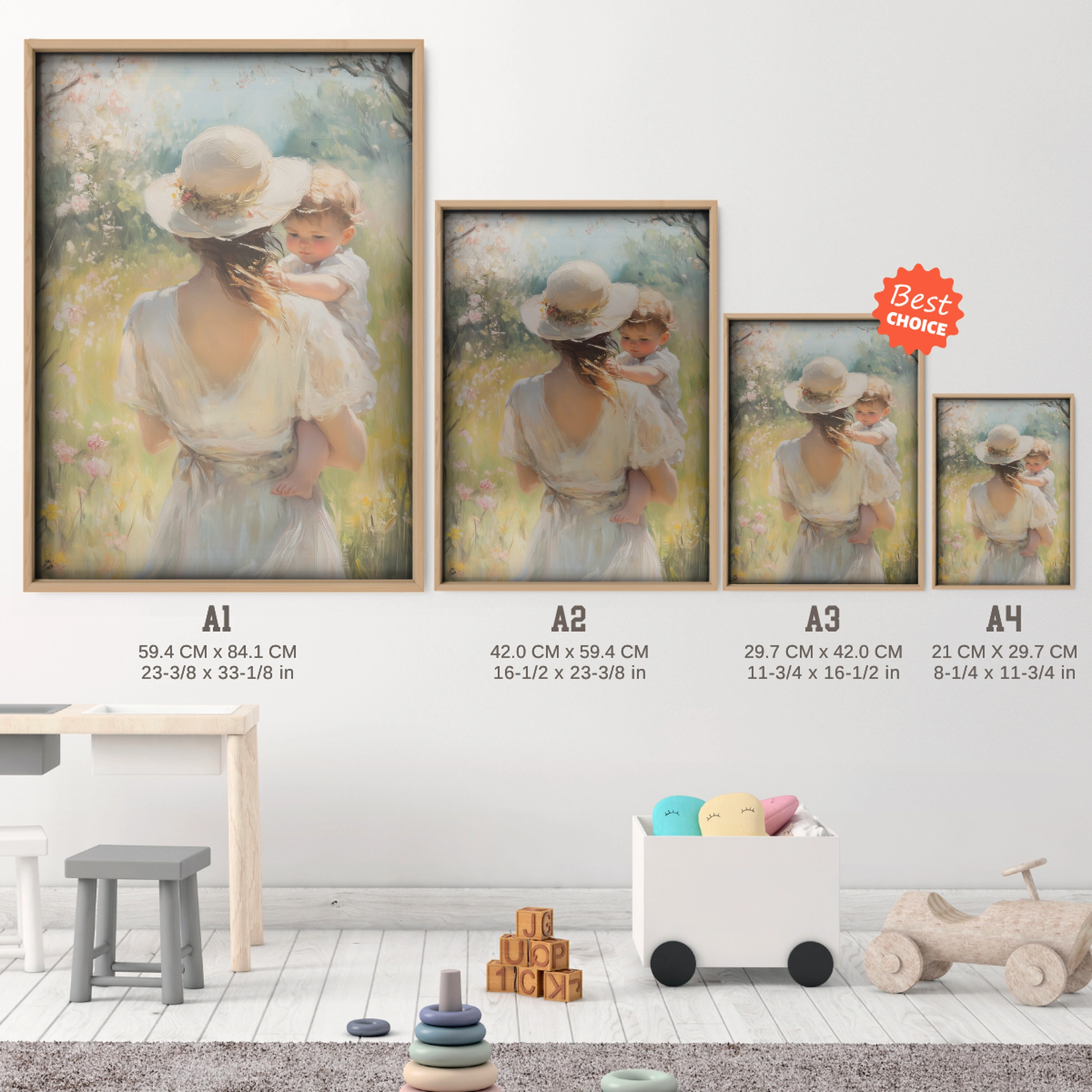 Mother and Baby in Blossom Nursery Print - size guide A4 A3 A2 A1 nursery print