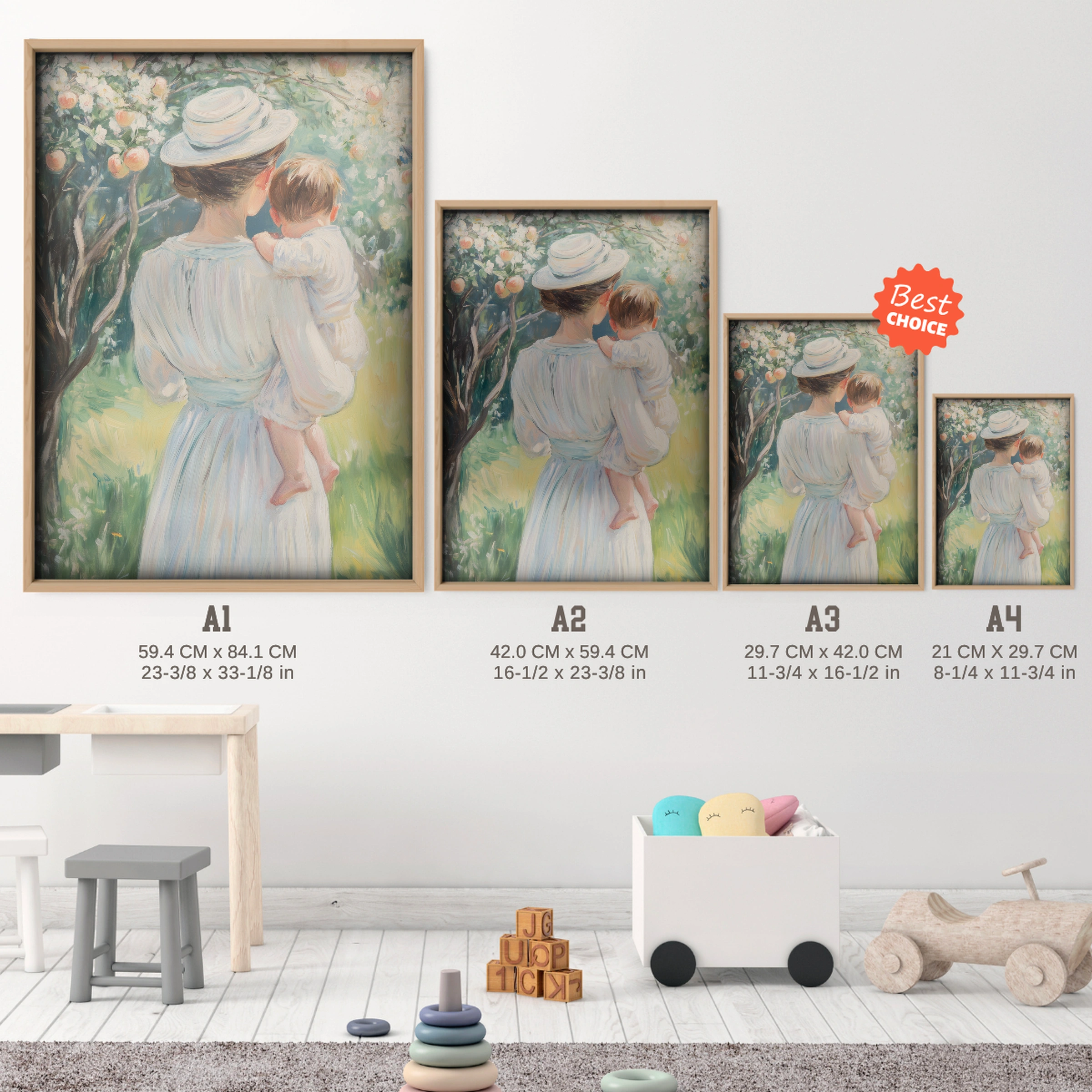 Mother and Baby in the Garden Nursery Print - size guide A4 A3 A2 A1 nursery print