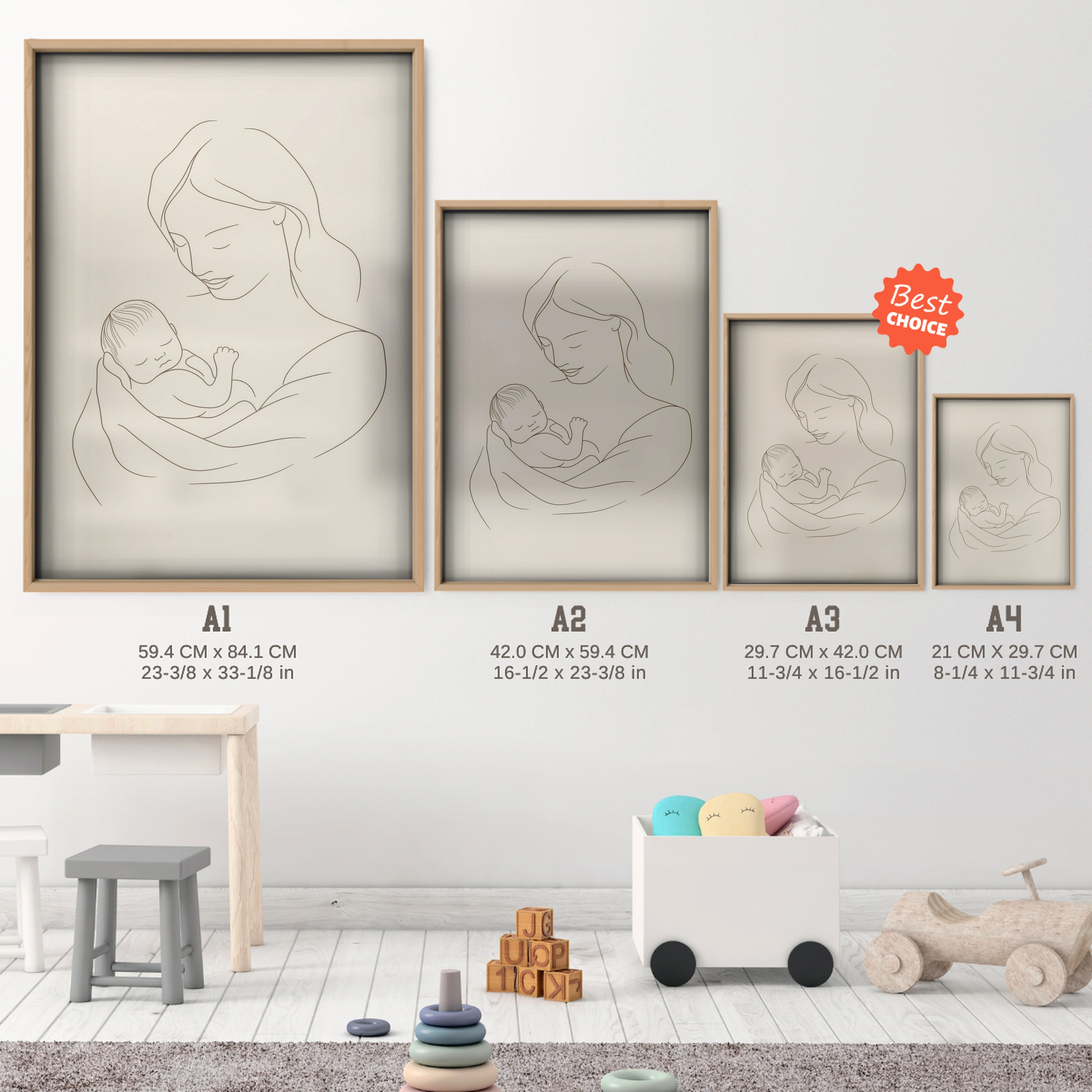 Mother and Baby Line Art Nursery Print - size guide A4 A3 A2 A1 nursery print
