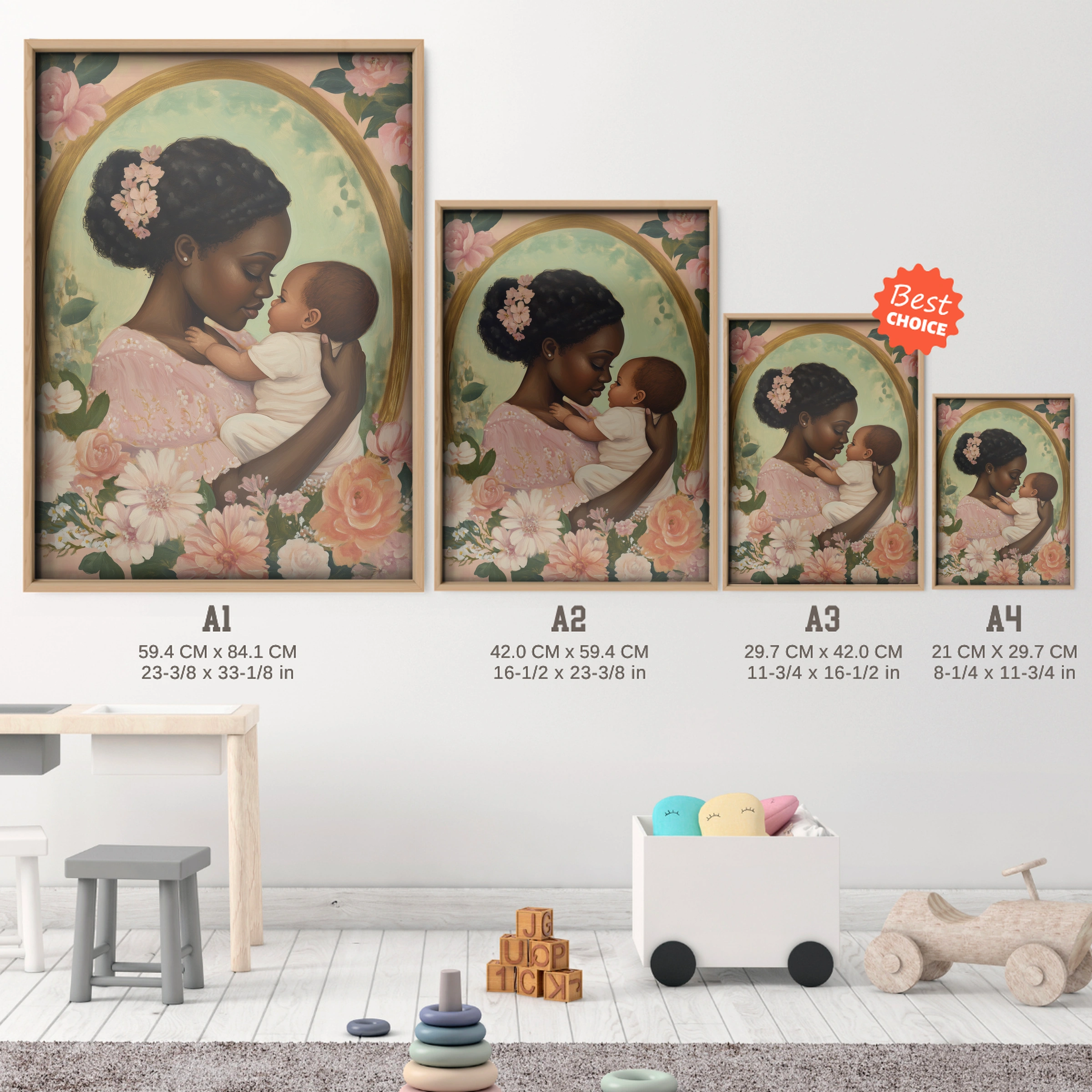 Mother and Baby Roses Nursery Print - size guide A4 A3 A2 A1 nursery print