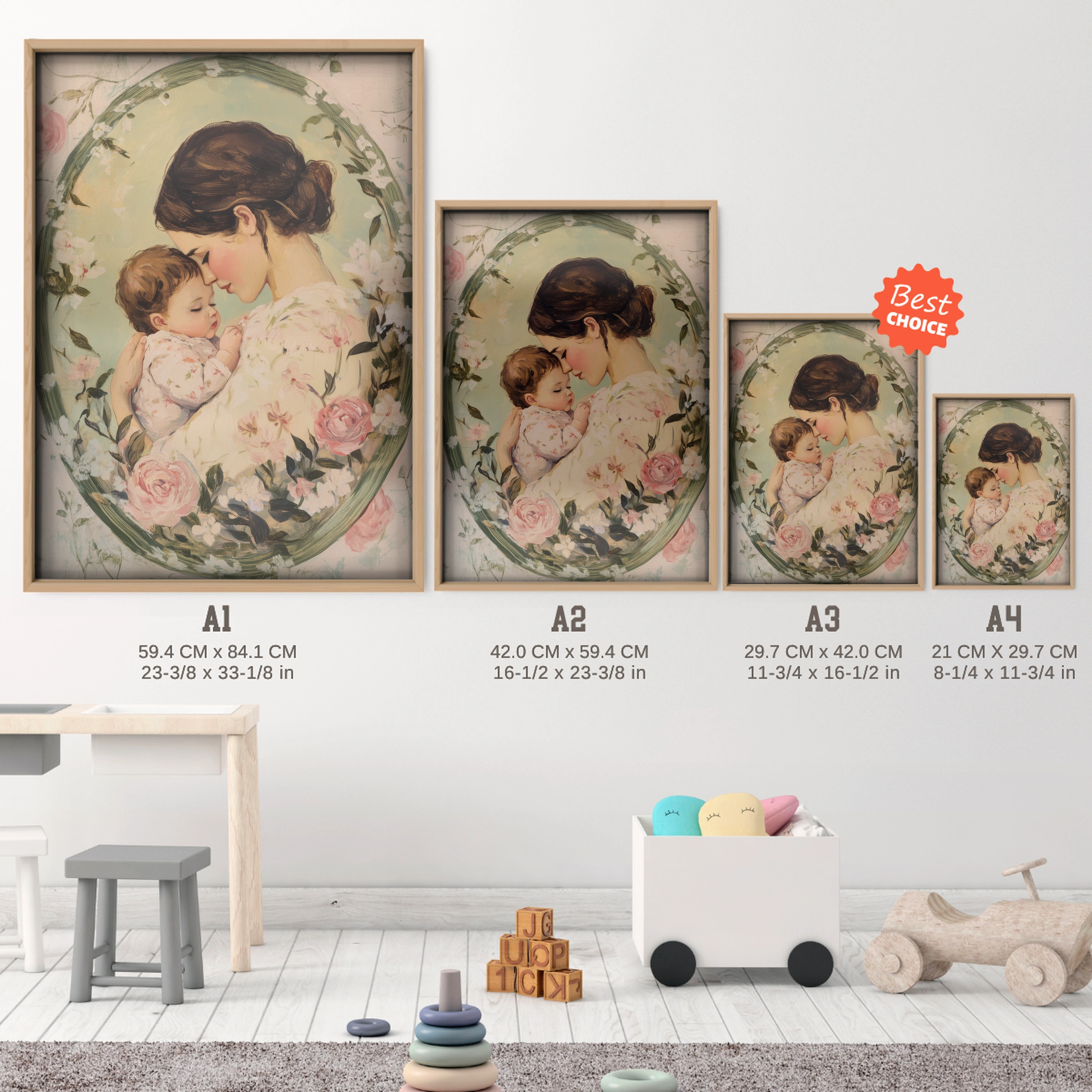 Mother and Child Cameo Nursery Print - size guide A4 A3 A2 A1 nursery print