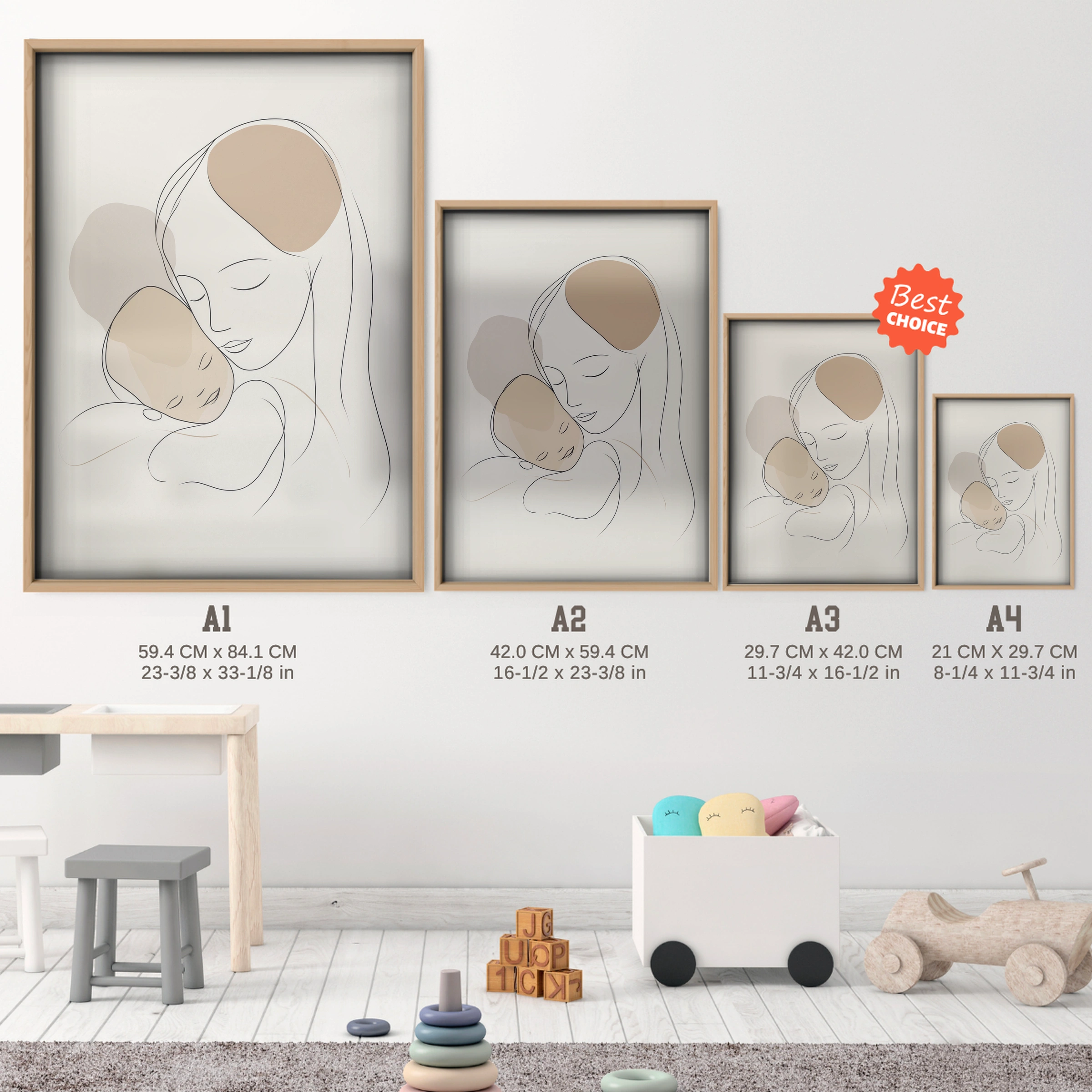 Mother and Child Line Art Nursery Print - size guide A4 A3 A2 A1 nursery print