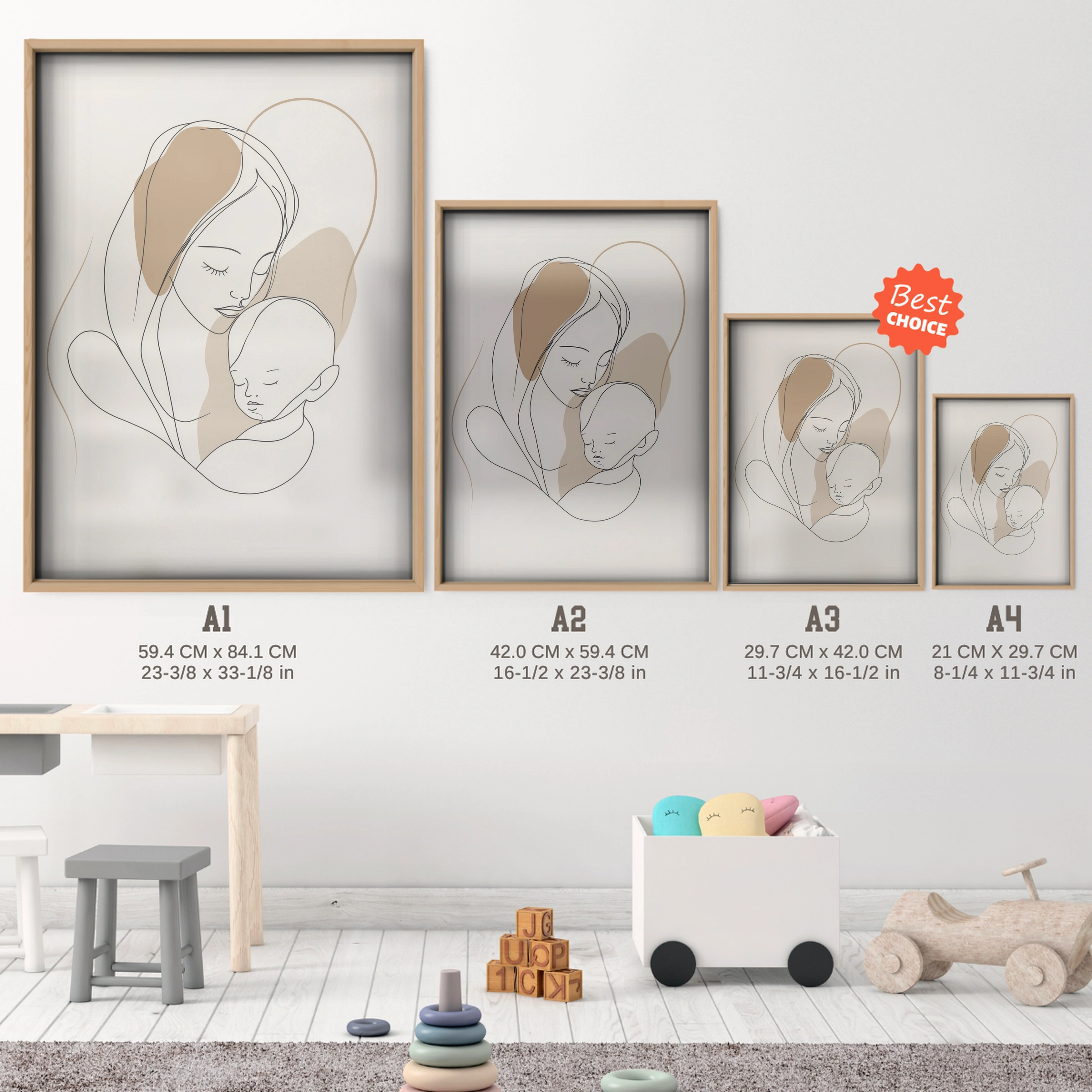 Mother and Child Nursery Print - size guide A4 A3 A2 A1 nursery print