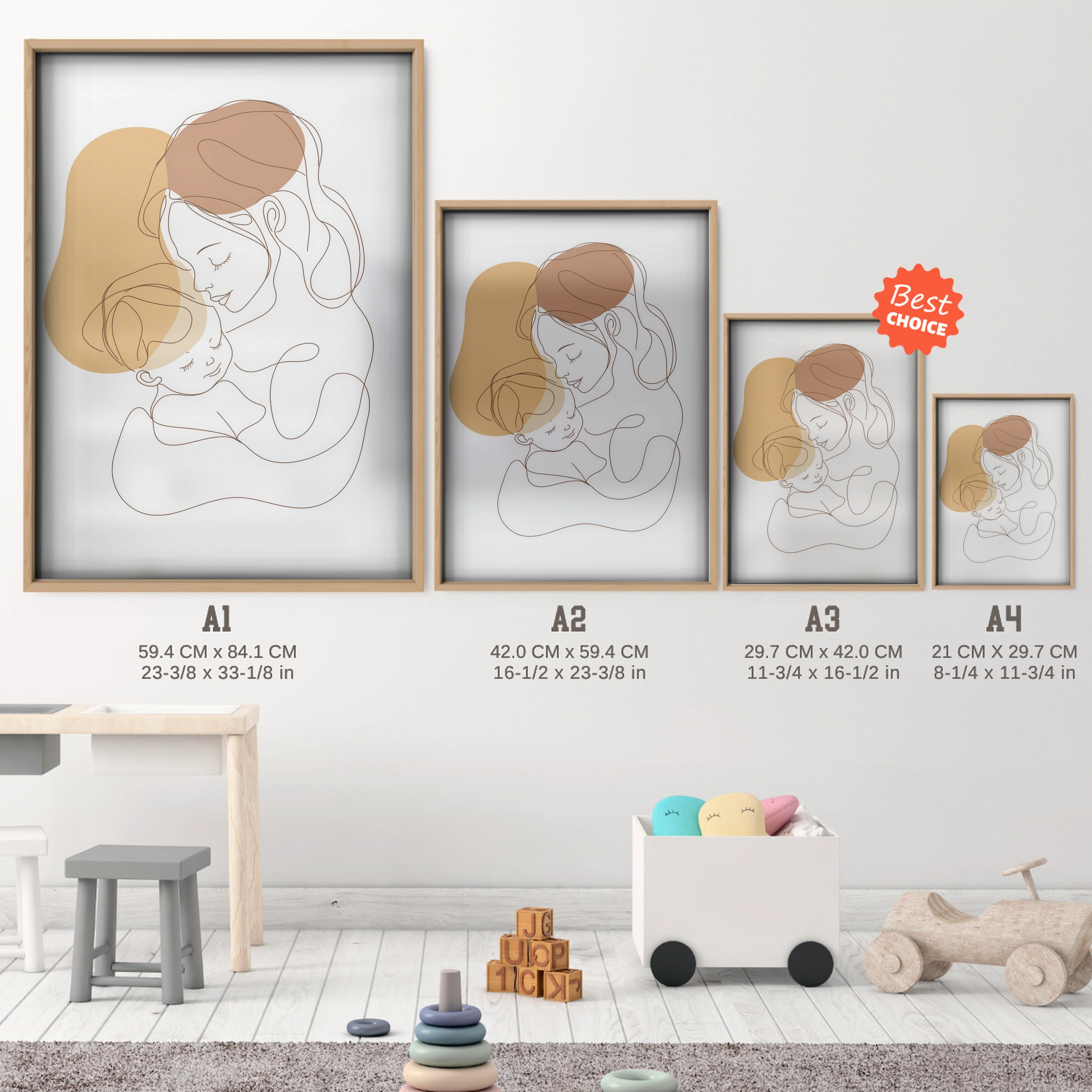 Mother Cradling Baby Nursery Print - size guide A4 A3 A2 A1 nursery print