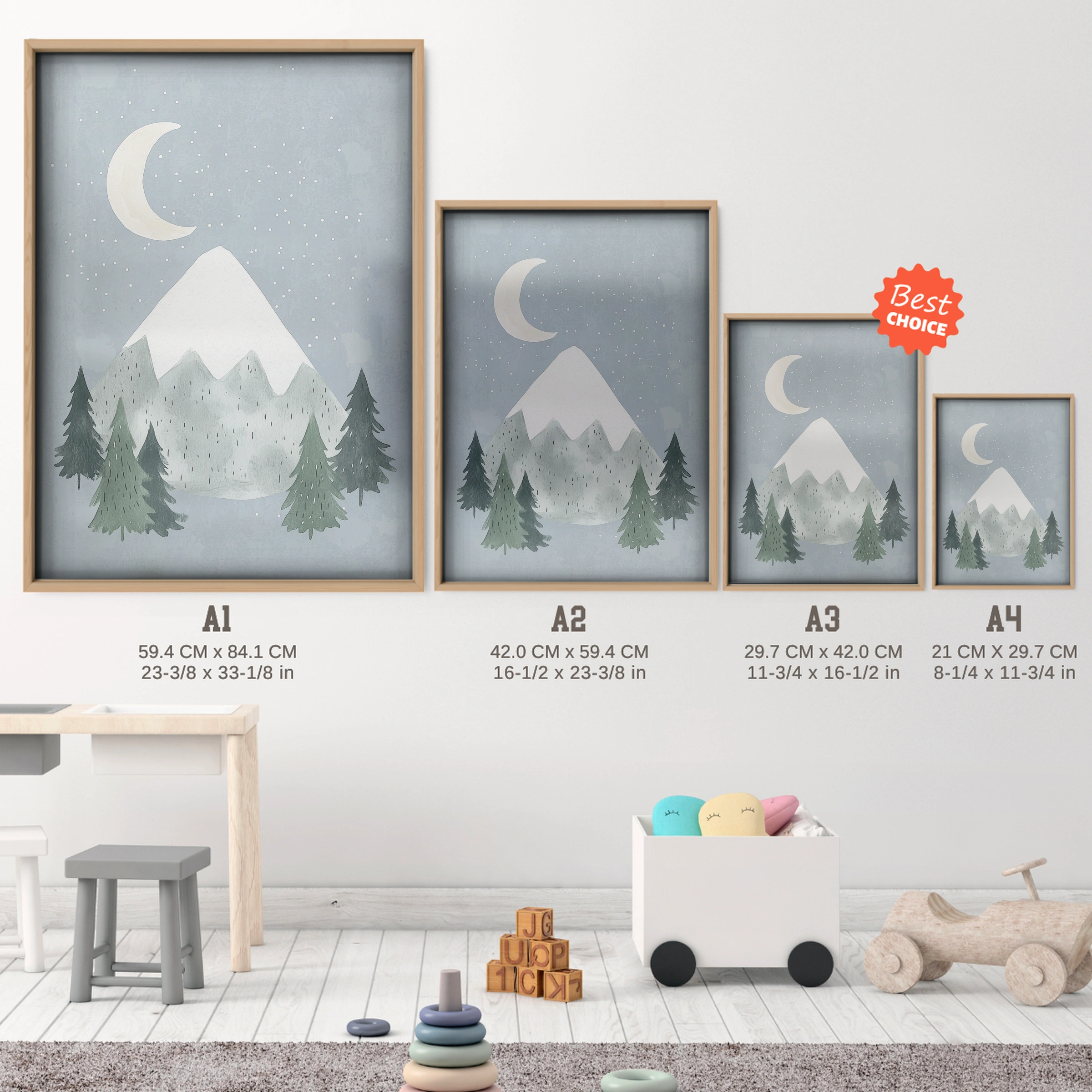 Mountain Moon Nursery Print - size guide A4 A3 A2 A1 nursery print
