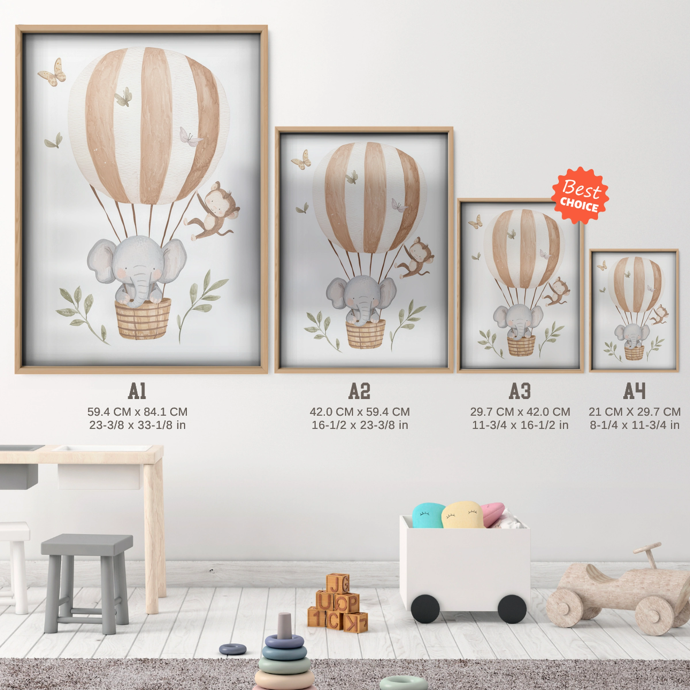 Mouse Balloon Adventure Nursery Print - size guide A4 A3 A2 A1 nursery print