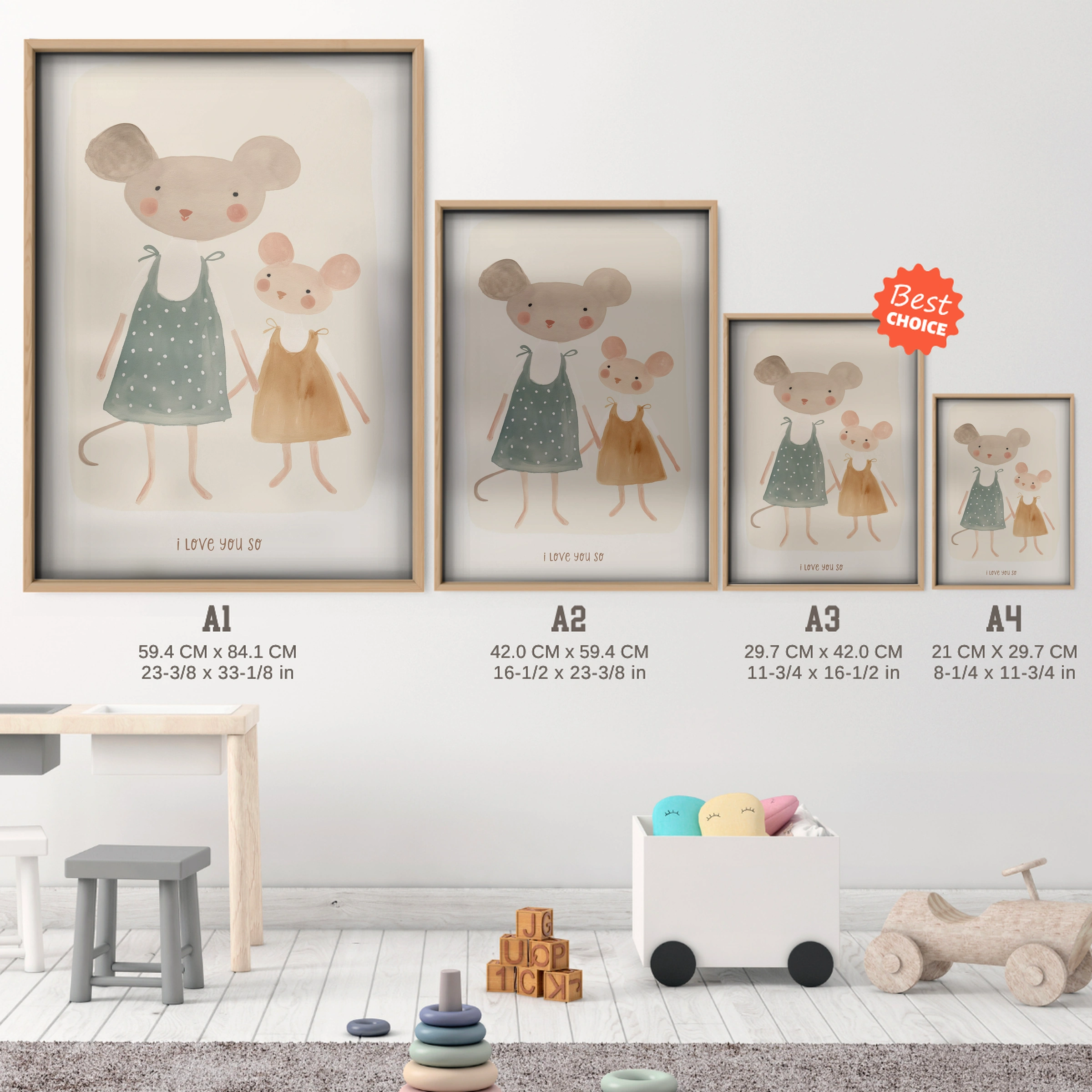 Mouse Family Nursery Print - size guide A4 A3 A2 A1 nursery print
