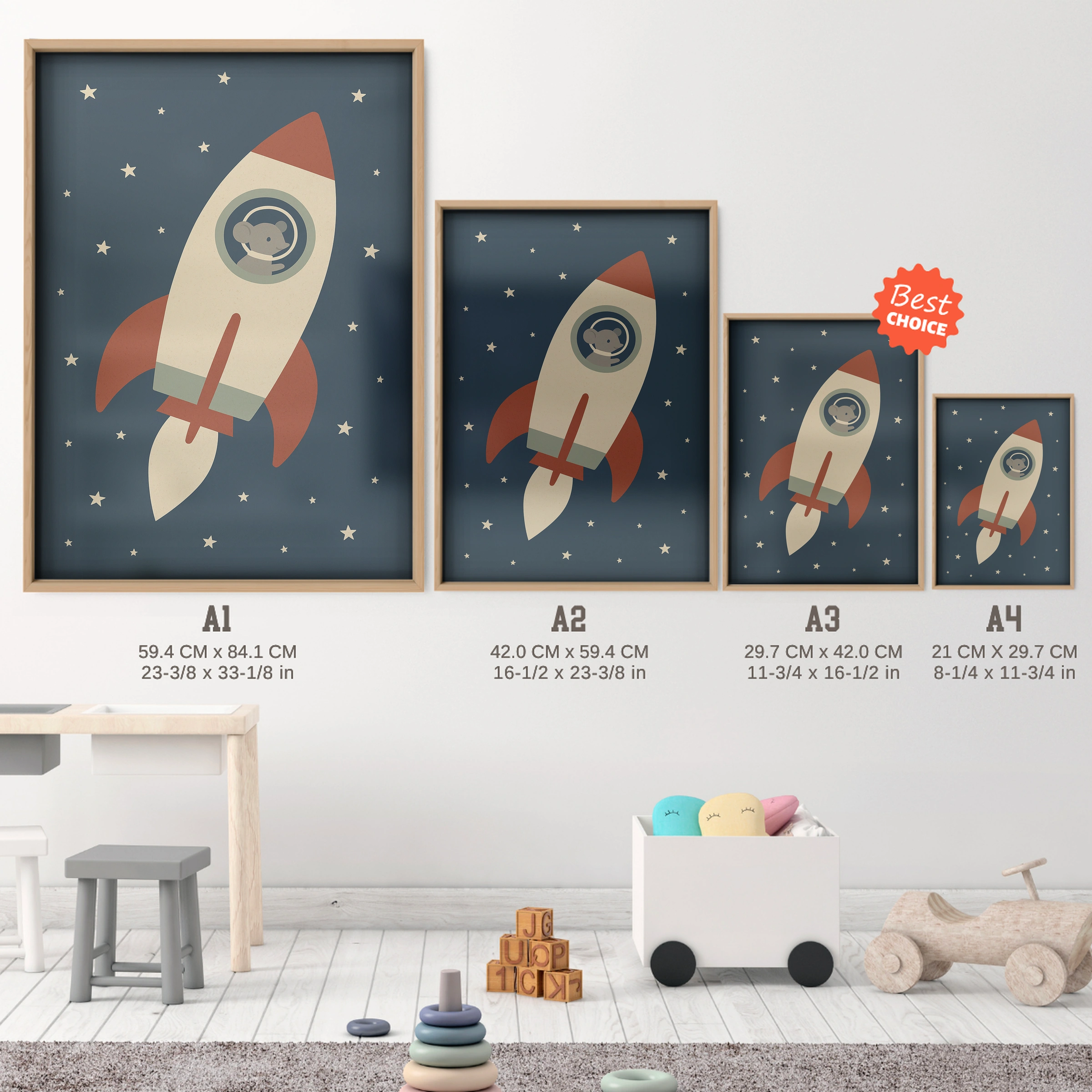 Mouse in a Rocket Nursery Print - size guide A4 A3 A2 A1 nursery print