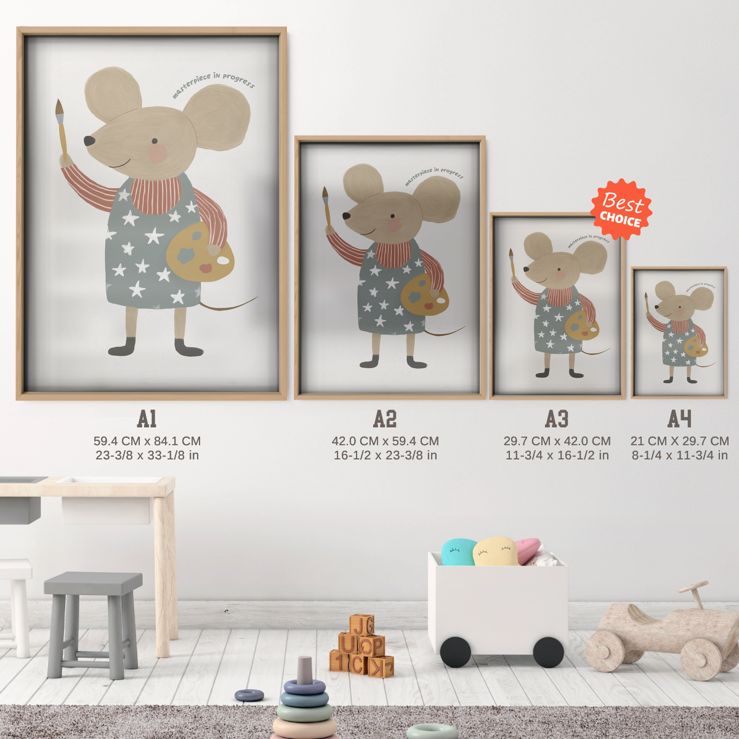 Mouse in Blue Nursery Print - size guide A4 A3 A2 A1 nursery print