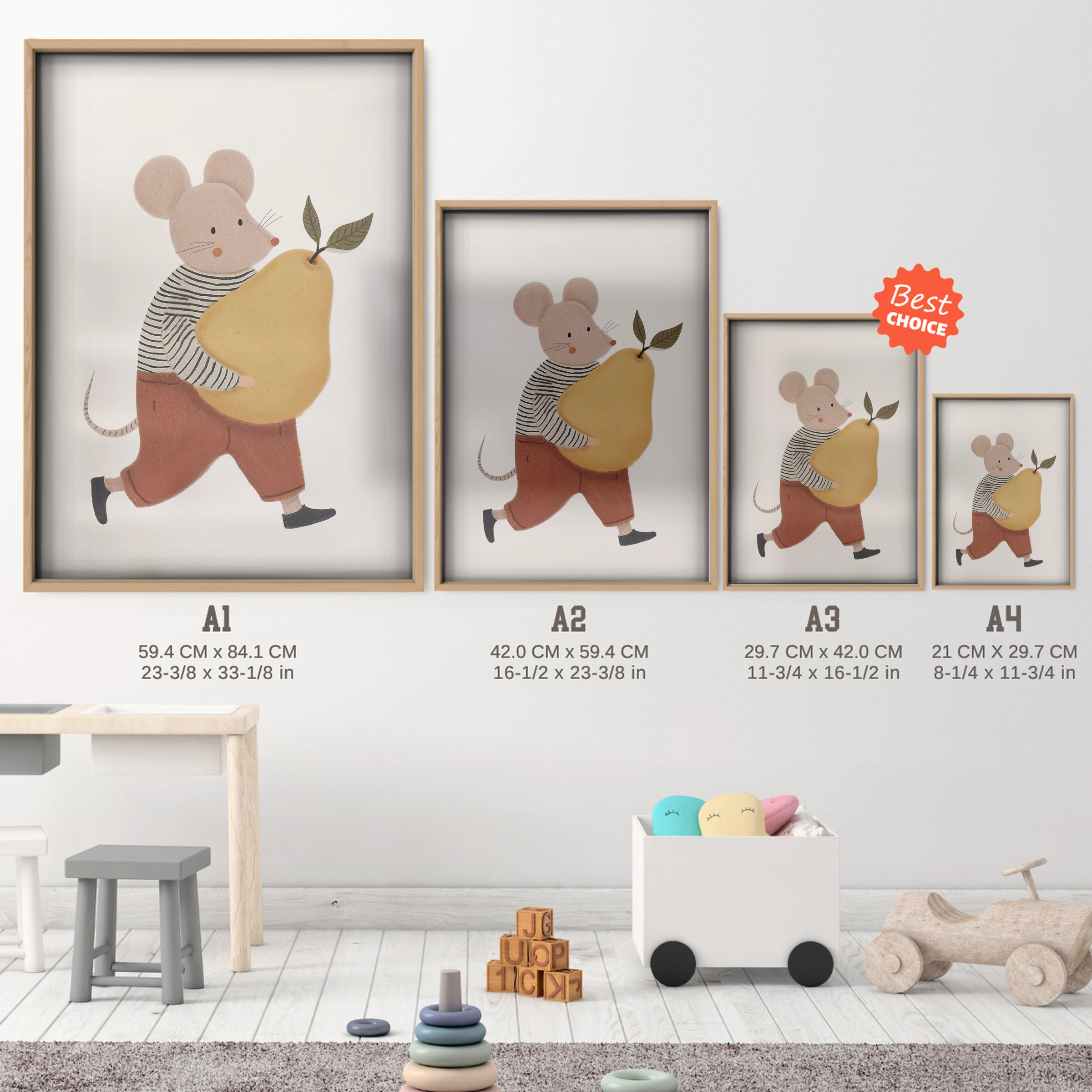 Mouse with an Acorn Nursery Print - size guide A4 A3 A2 A1 nursery print