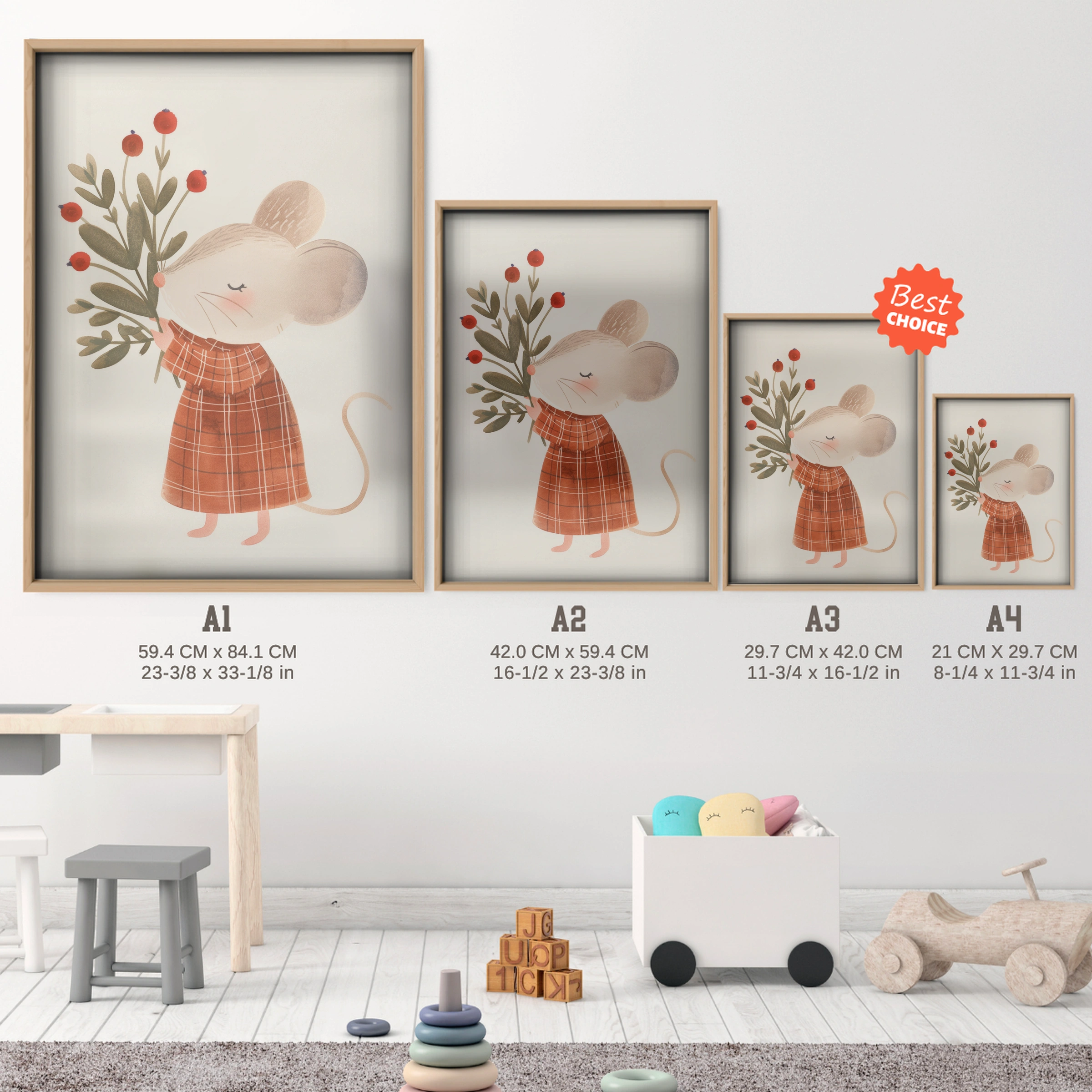 Mouse with Berries Nursery Print - size guide A4 A3 A2 A1 nursery print
