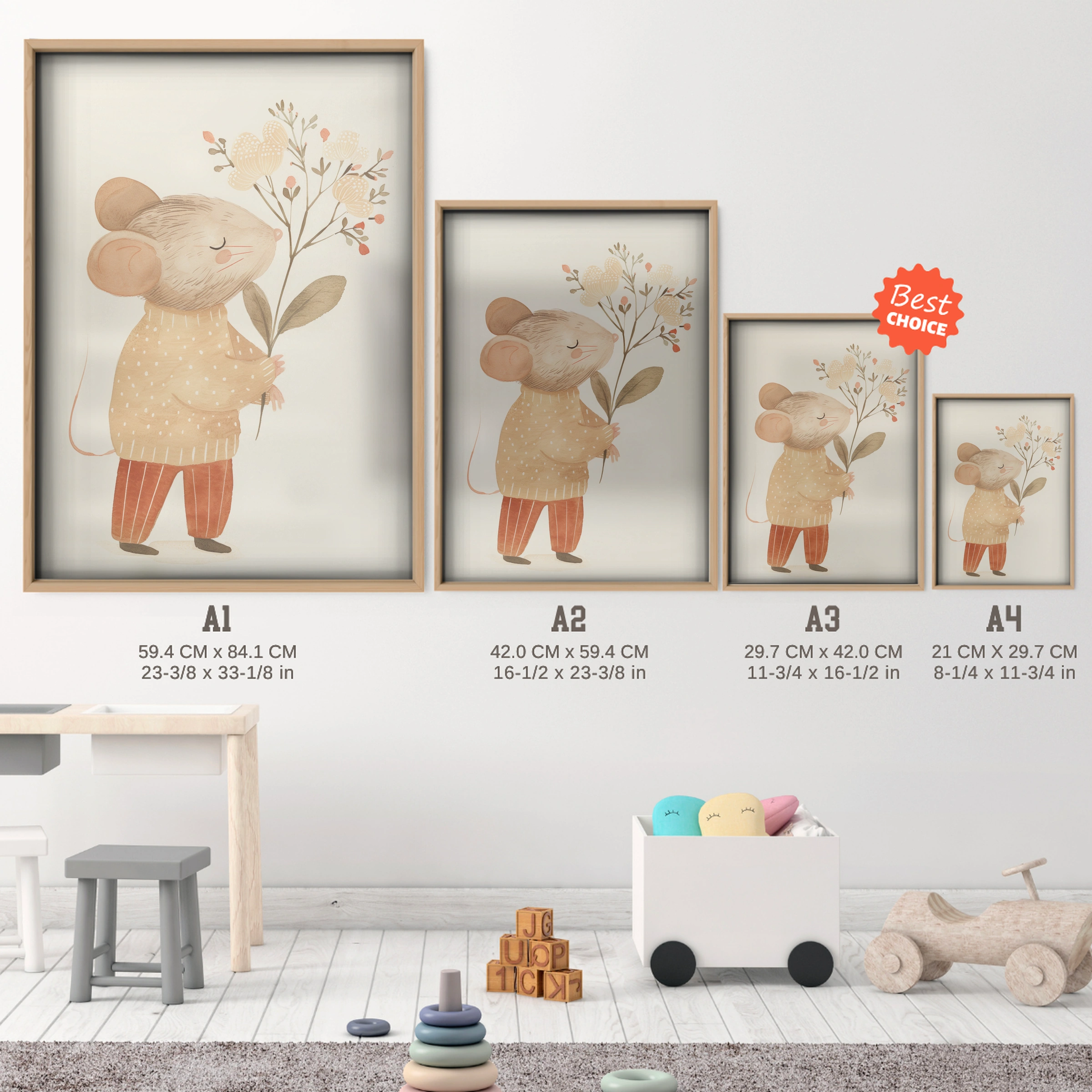 Mouse with Flowers Nursery Print - size guide A4 A3 A2 A1 nursery print