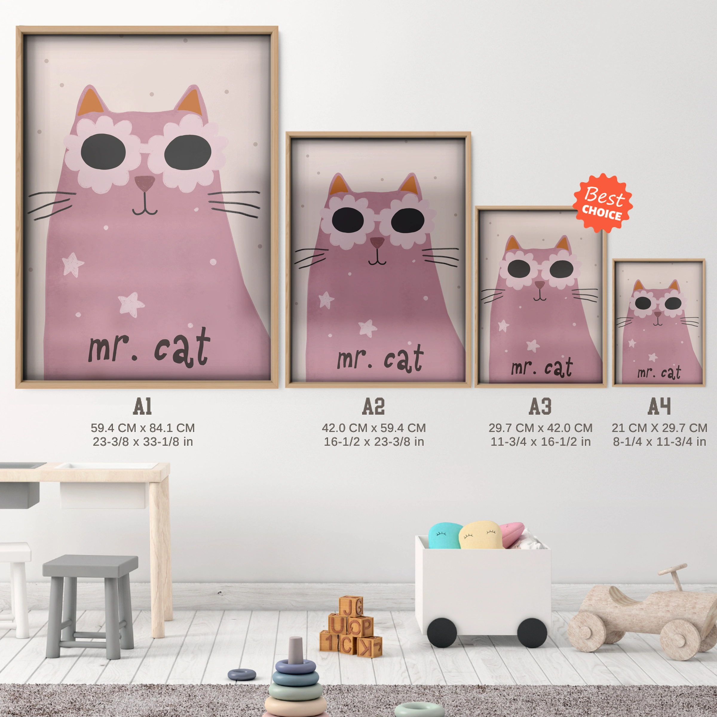 Mr Cat Nursery Print - size guide A4 A3 A2 A1 nursery print