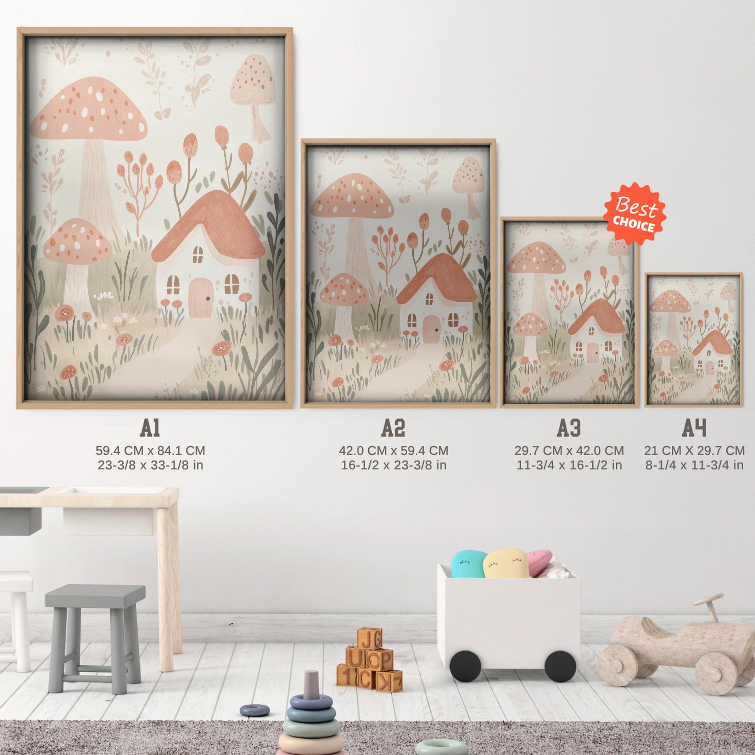 Mushroom Cottage Nursery Print - size guide A4 A3 A2 A1 nursery print