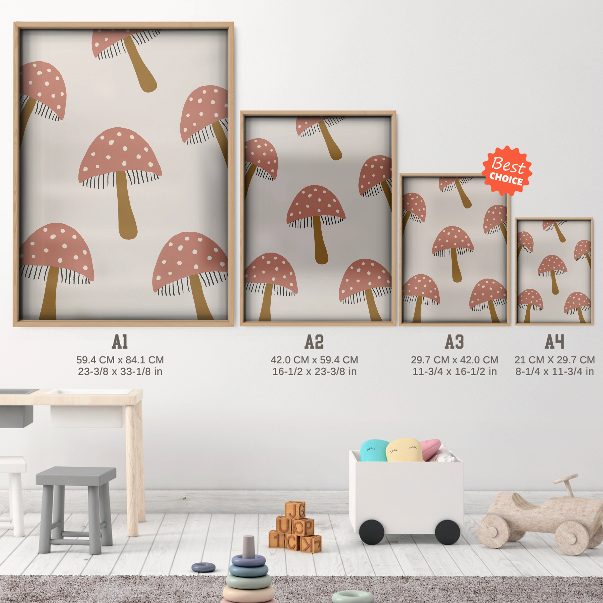 Mushroom Pattern Nursery Print - size guide A4 A3 A2 A1 nursery print