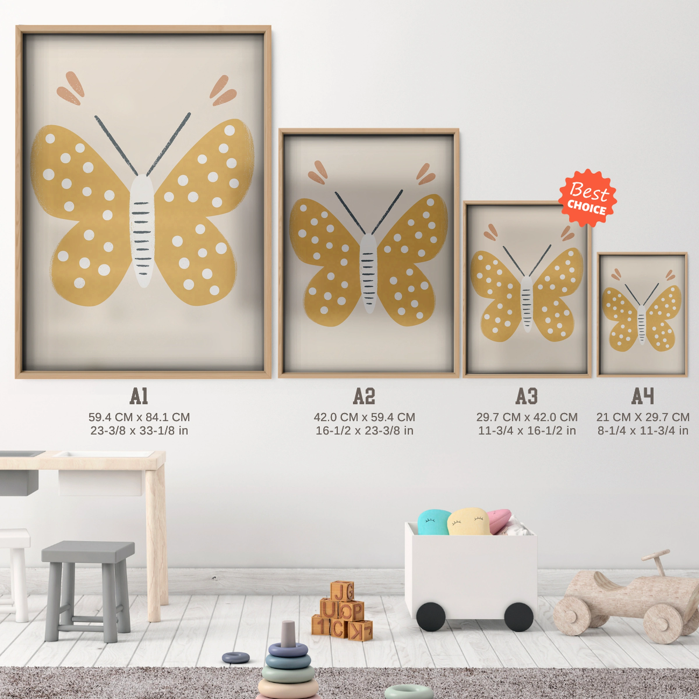 Mustard Butterfly Nursery Print - size guide A4 A3 A2 A1 nursery print