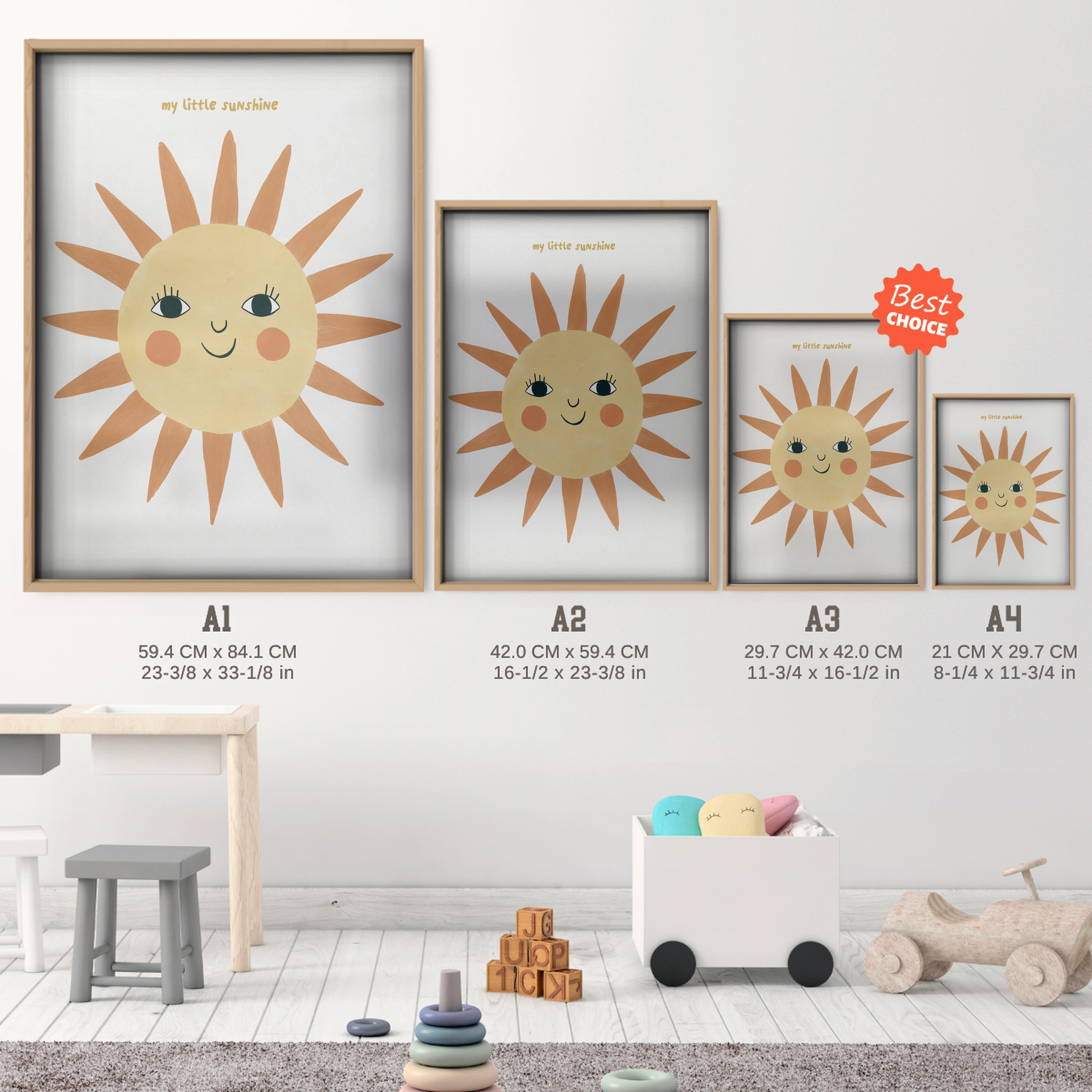 My Little Sunshine Nursery Print - size guide A4 A3 A2 A1 nursery print