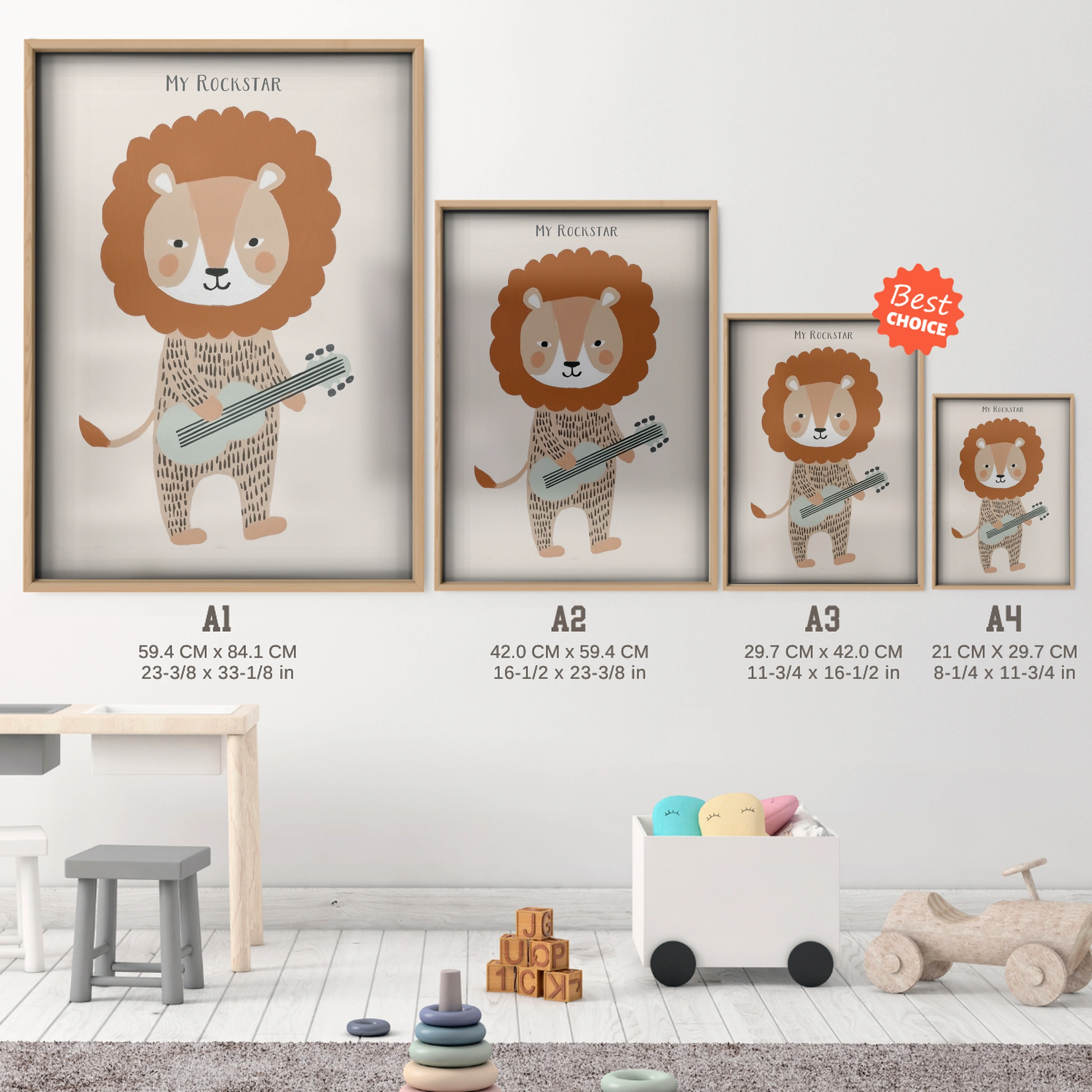 My Rockstar Lion Nursery Print - size guide A4 A3 A2 A1 nursery print