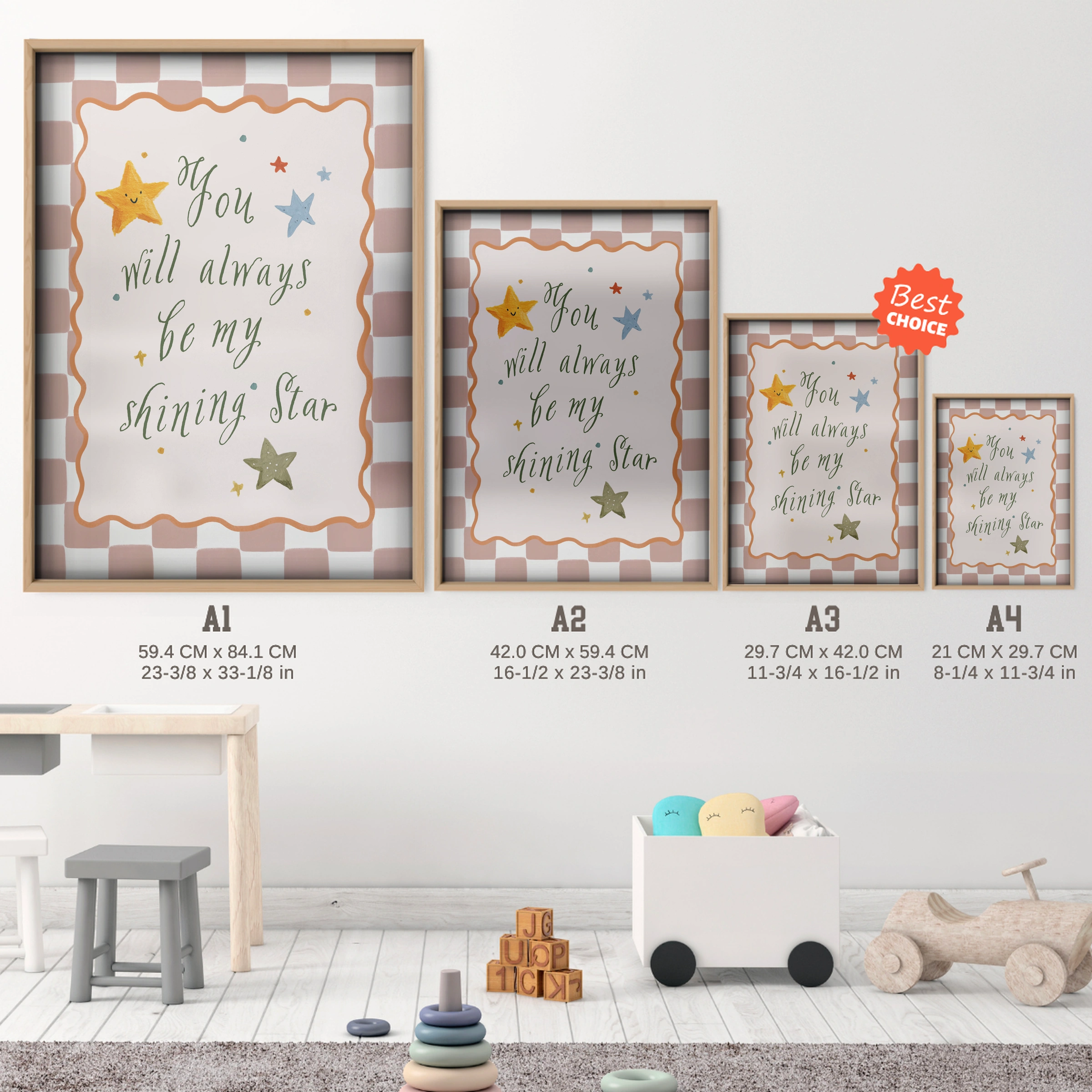 My Shining Star Pink Nursery Print - size guide A4 A3 A2 A1 nursery print