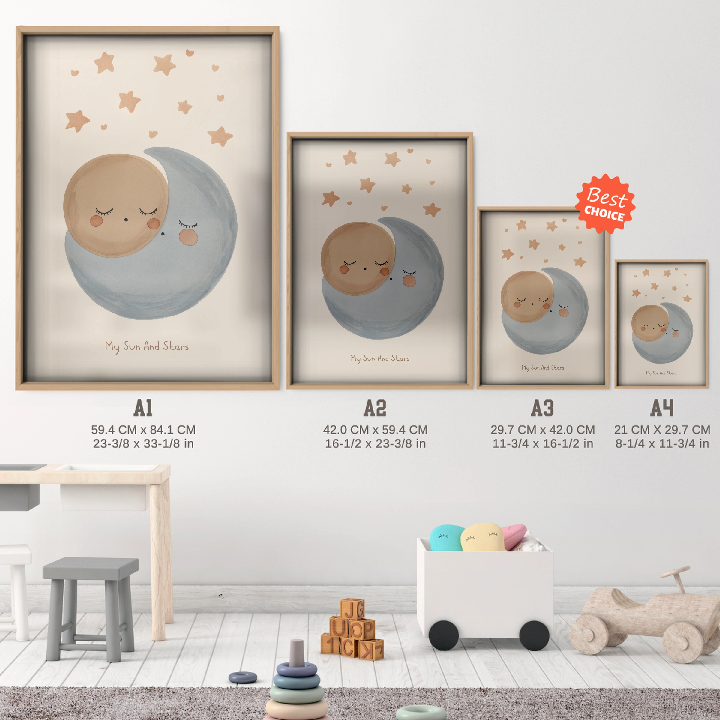 My Sun and Stars Nursery Print - size guide A4 A3 A2 A1 nursery print