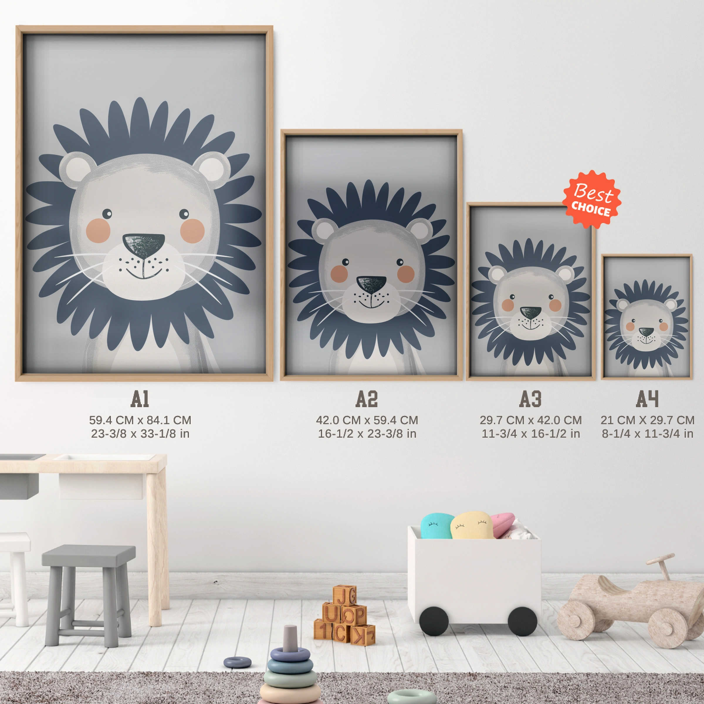 Navy Lion Nursery Print - size guide A4 A3 A2 A1 nursery print