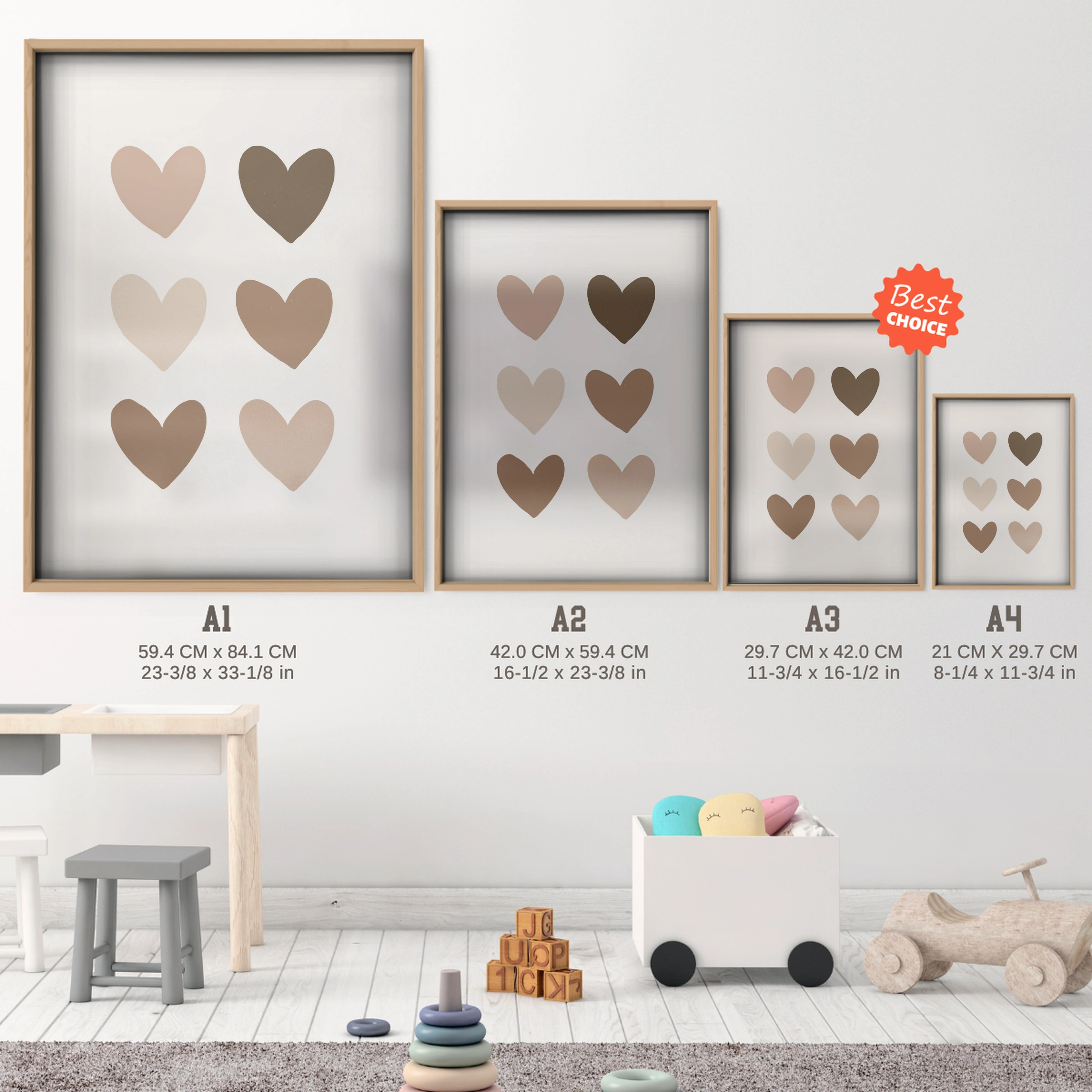 Neutral Hearts Nursery Print - size guide A4 A3 A2 A1 nursery print