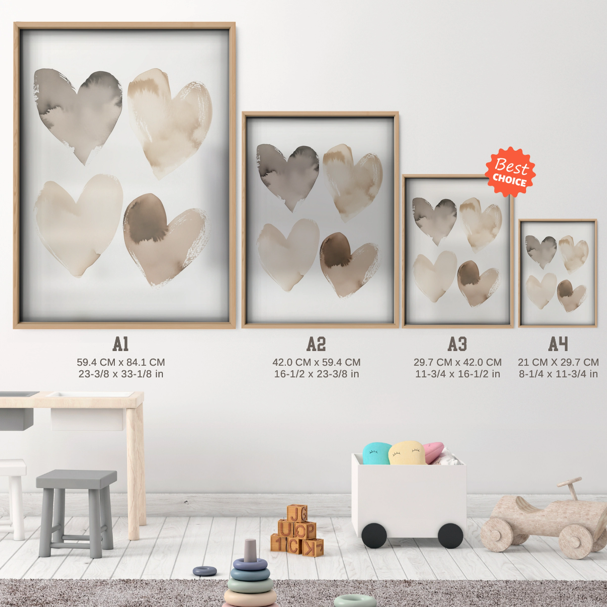 Neutral Hearts Two Nursery Print - size guide A4 A3 A2 A1 nursery print