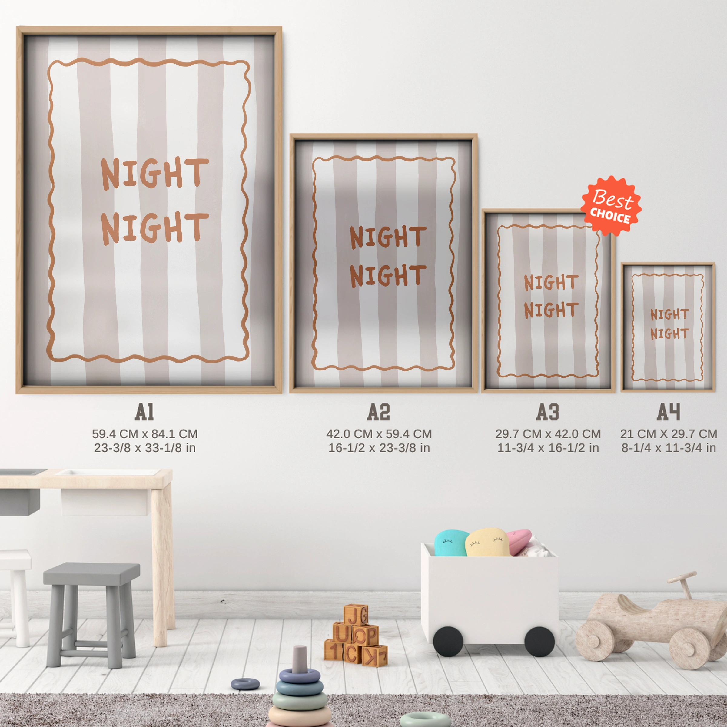 Night Night Nursery Print - size guide A4 A3 A2 A1 nursery print