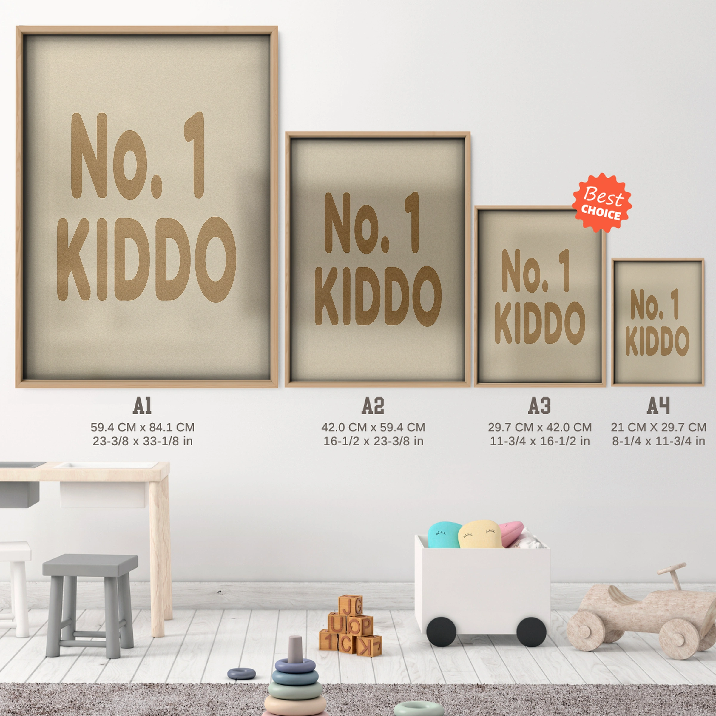 No.1 Kiddo Nursery Print - size guide A4 A3 A2 A1 nursery print