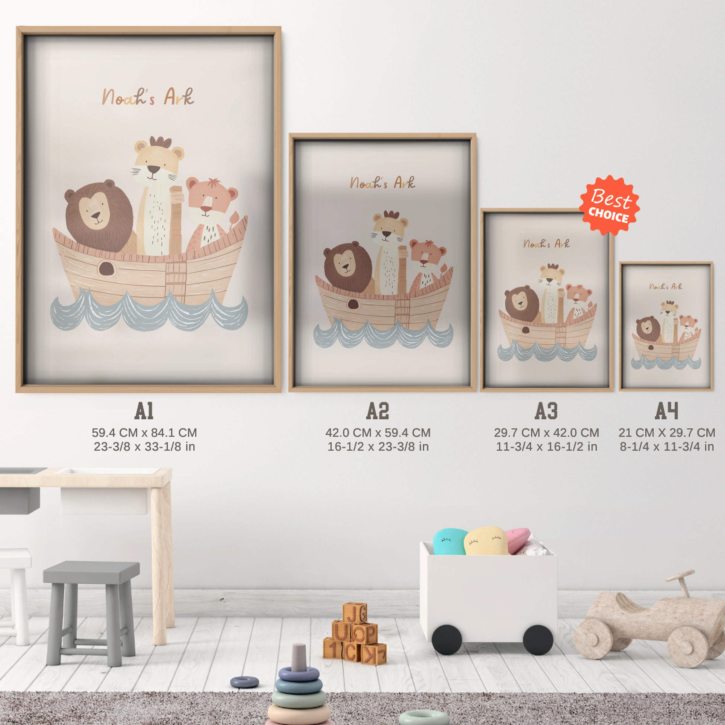 Noahs Ark Nursery Print - size guide A4 A3 A2 A1 nursery print