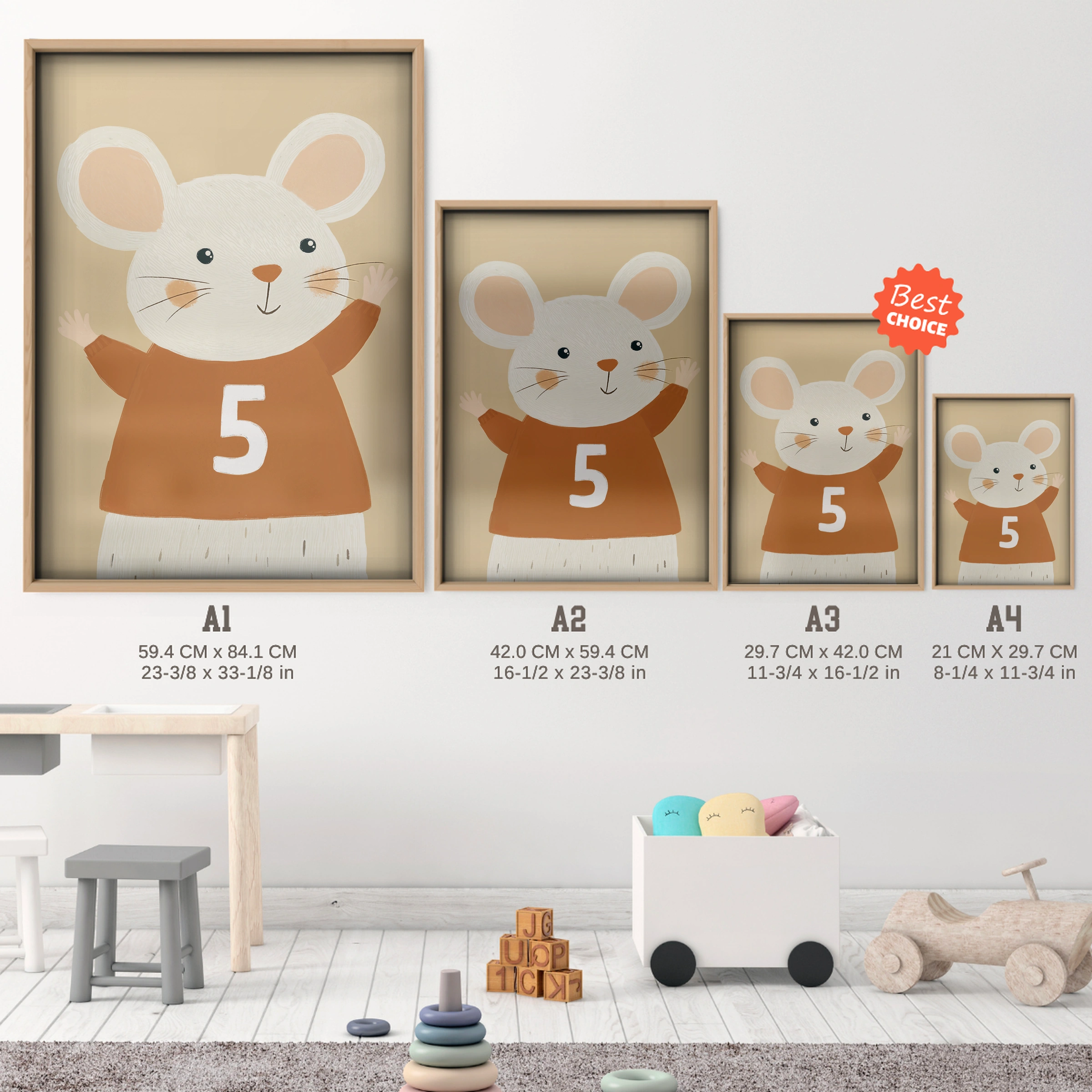 Number Five Mouse Nursery Print - size guide A4 A3 A2 A1 nursery print
