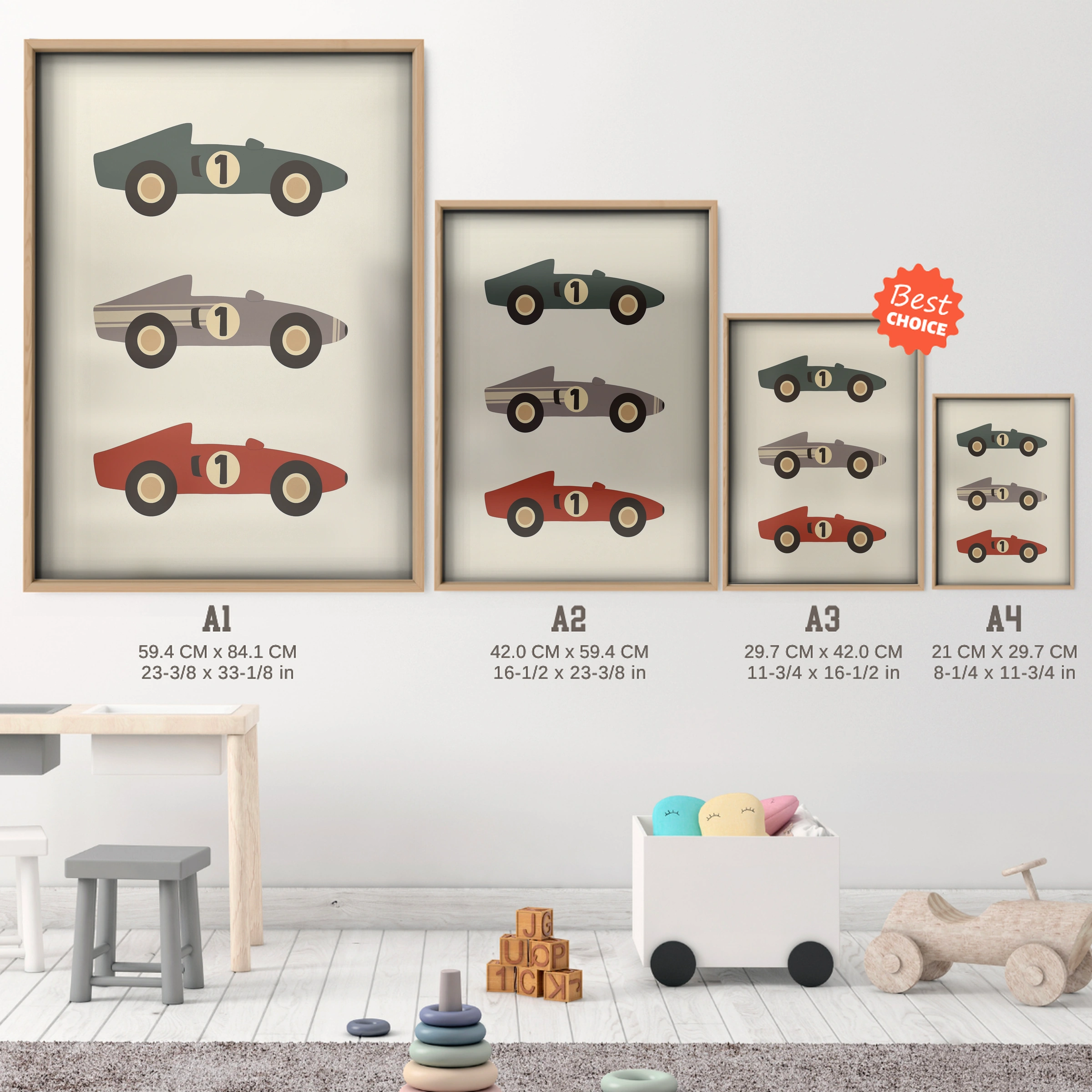 Number One Race Cars Nursery Print - size guide A4 A3 A2 A1 nursery print