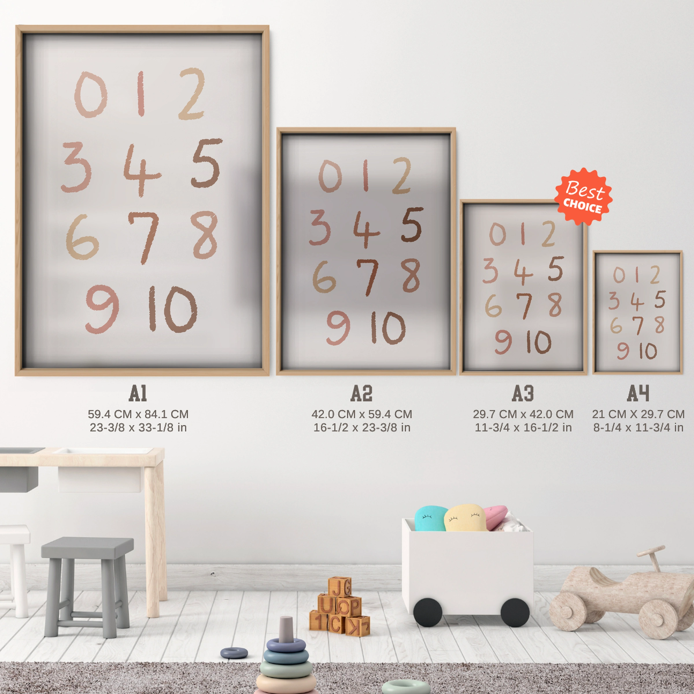 Numbers 0-9 Nursery Print - size guide A4 A3 A2 A1 nursery print