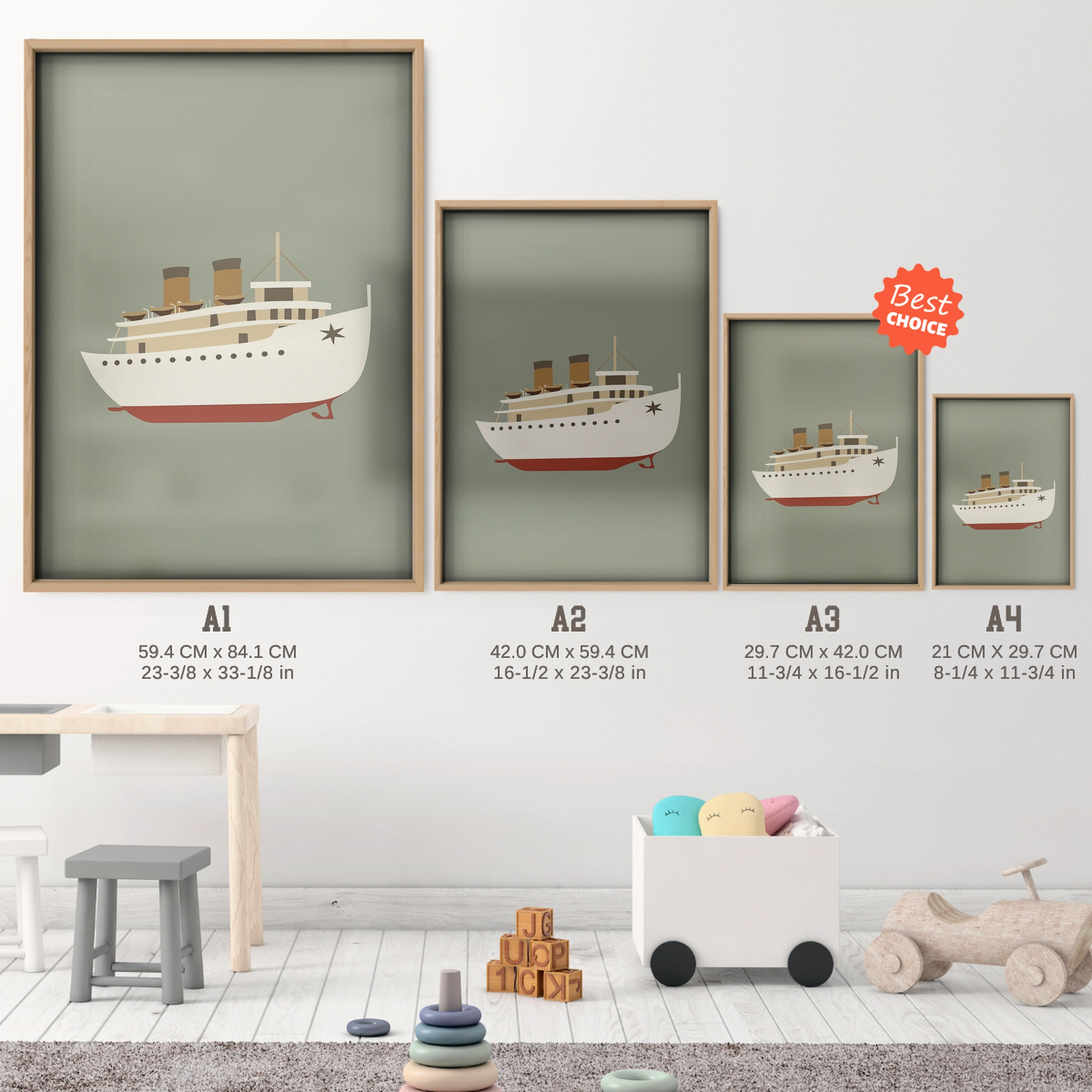 Ocean Liner Ship Nursery Print - size guide A4 A3 A2 A1 nursery print