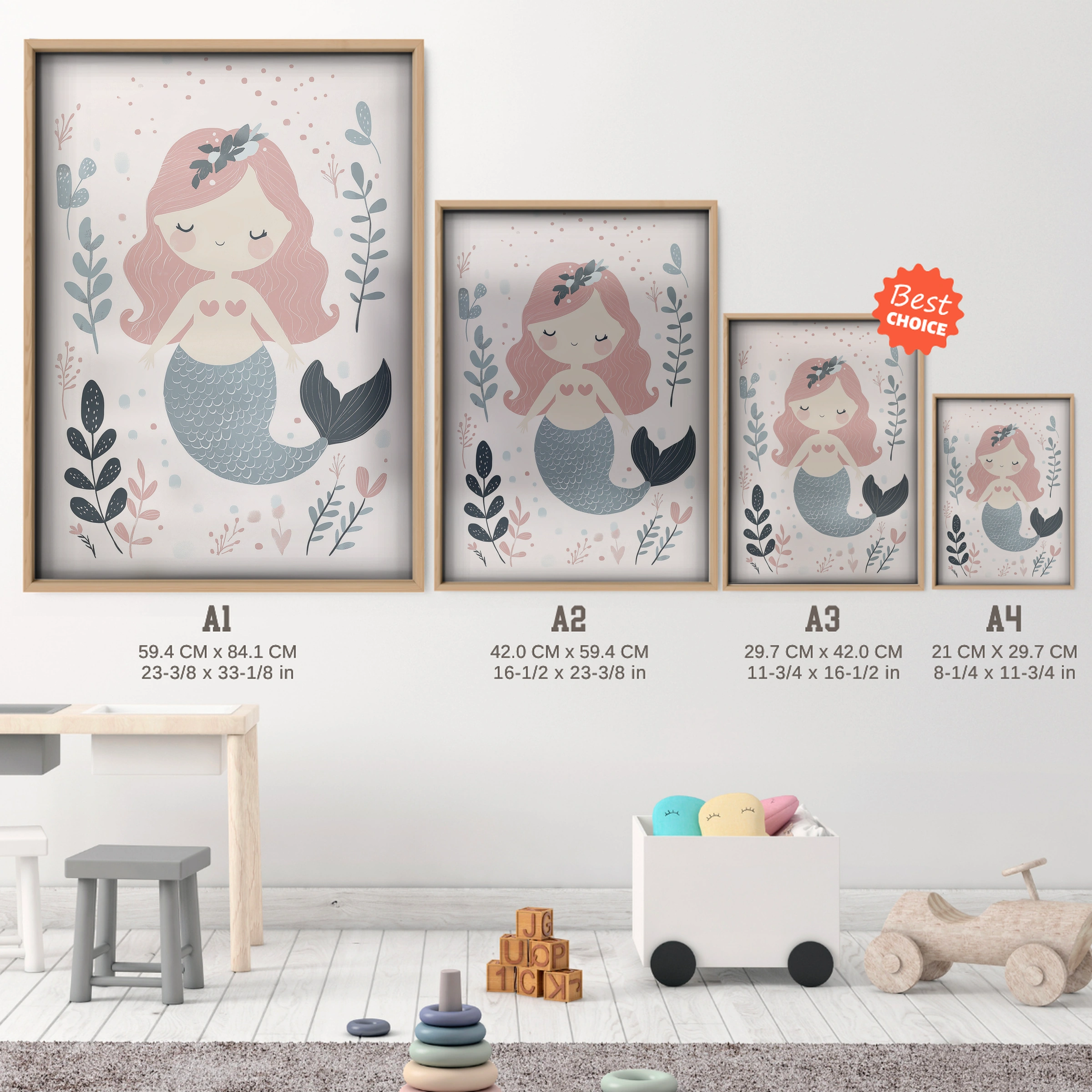 Ocean Mermaid Nursery Print - size guide A4 A3 A2 A1 nursery print
