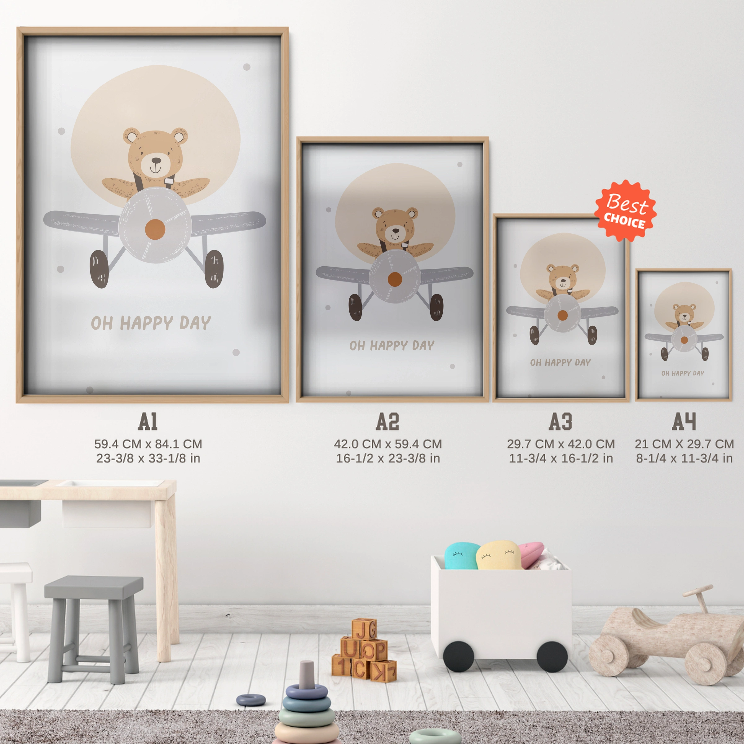 Oh Happy Day Aviator Bear Nursery Print - size guide A4 A3 A2 A1 nursery print