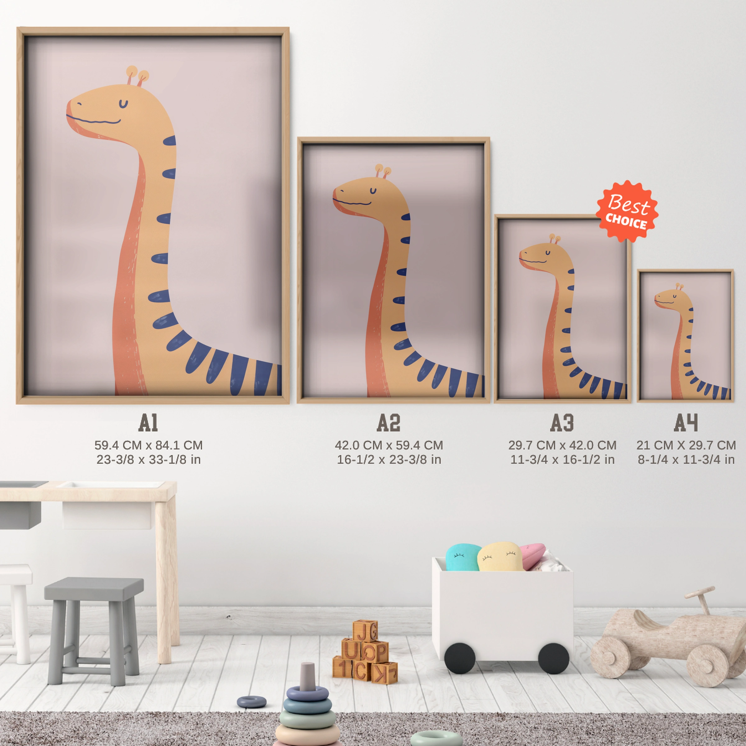 Orange Dinosaur Nursery Print - size guide A4 A3 A2 A1 nursery print