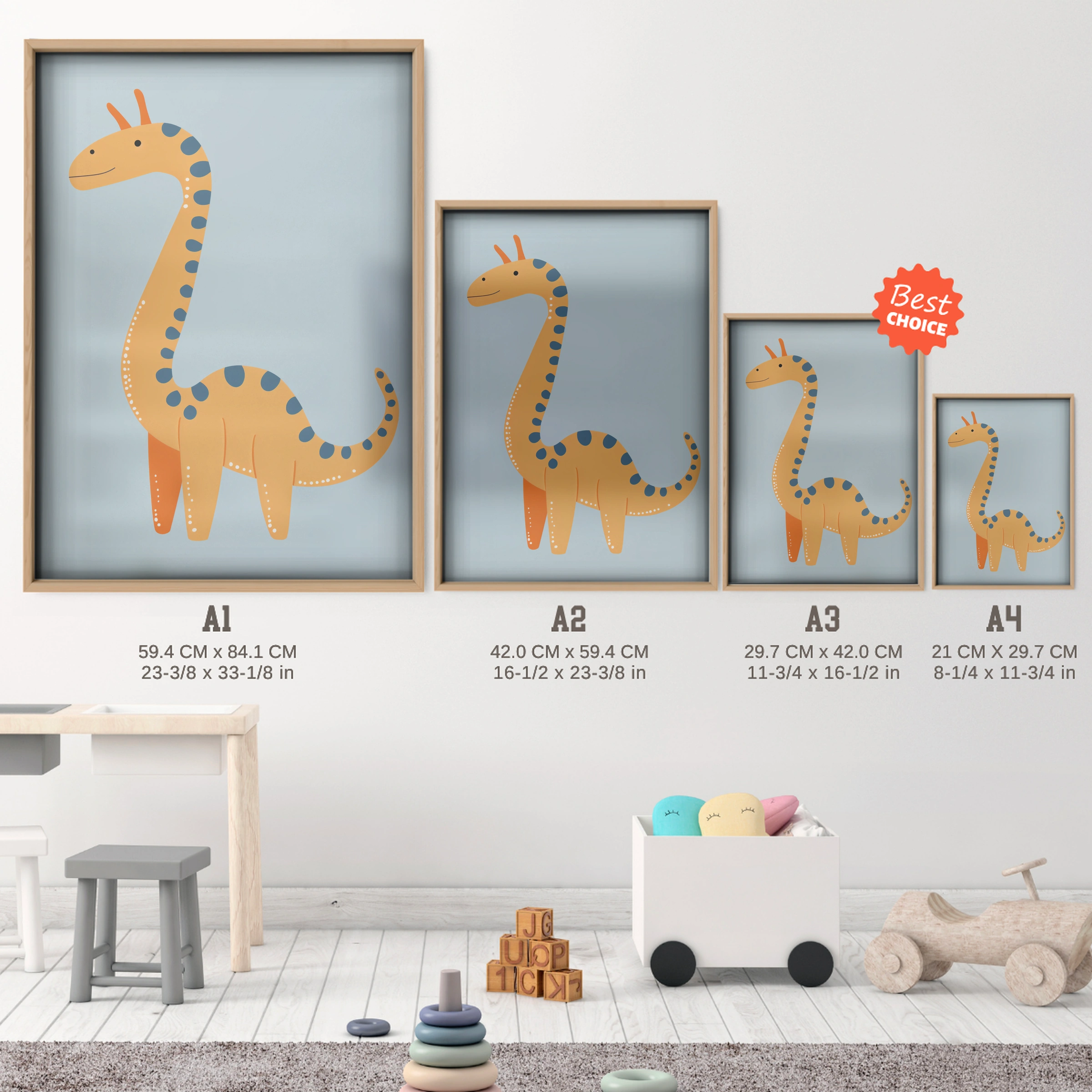 Orange Giraffe Dino Nursery Print - size guide A4 A3 A2 A1 nursery print
