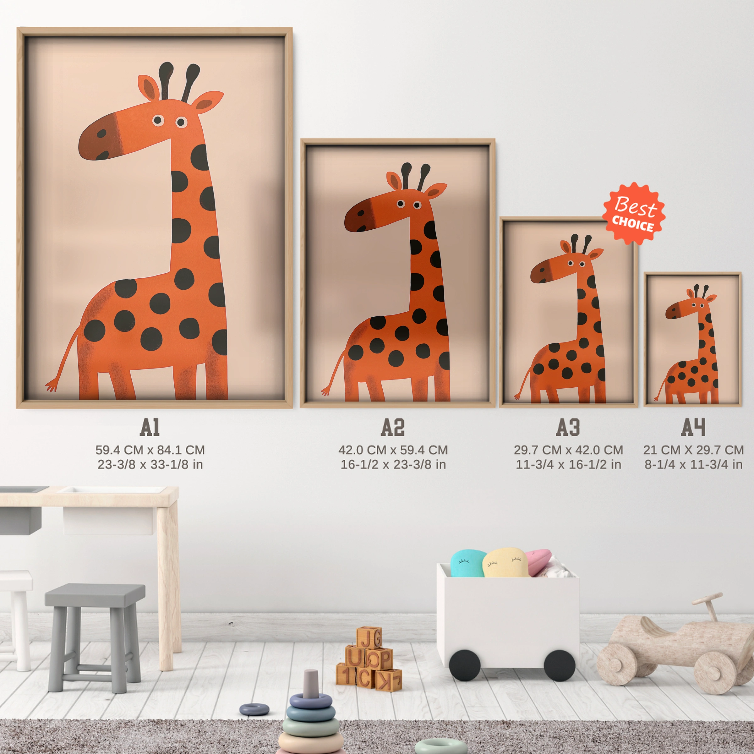 Orange Giraffe Nursery Print - size guide A4 A3 A2 A1 nursery print
