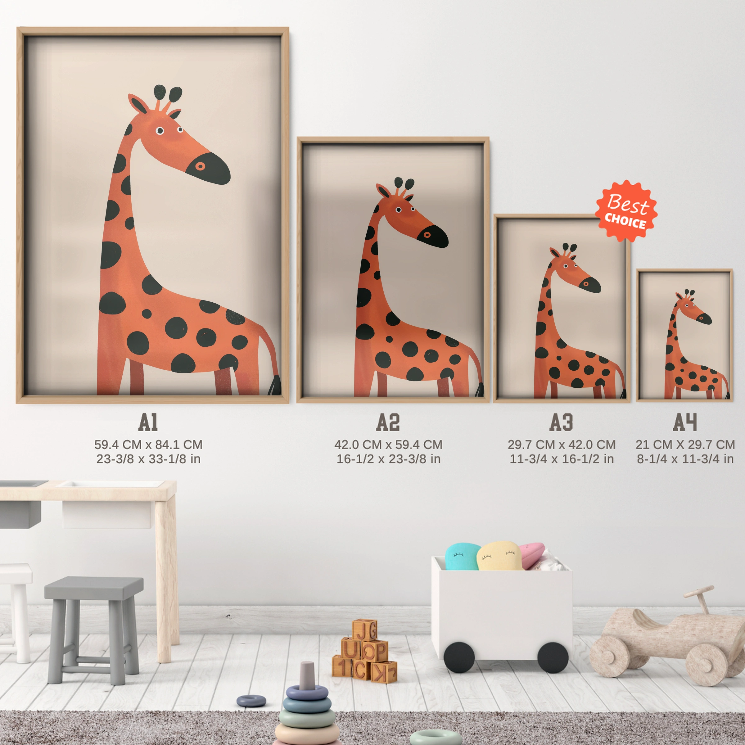 Orange Giraffe Three Nursery Print - size guide A4 A3 A2 A1 nursery print