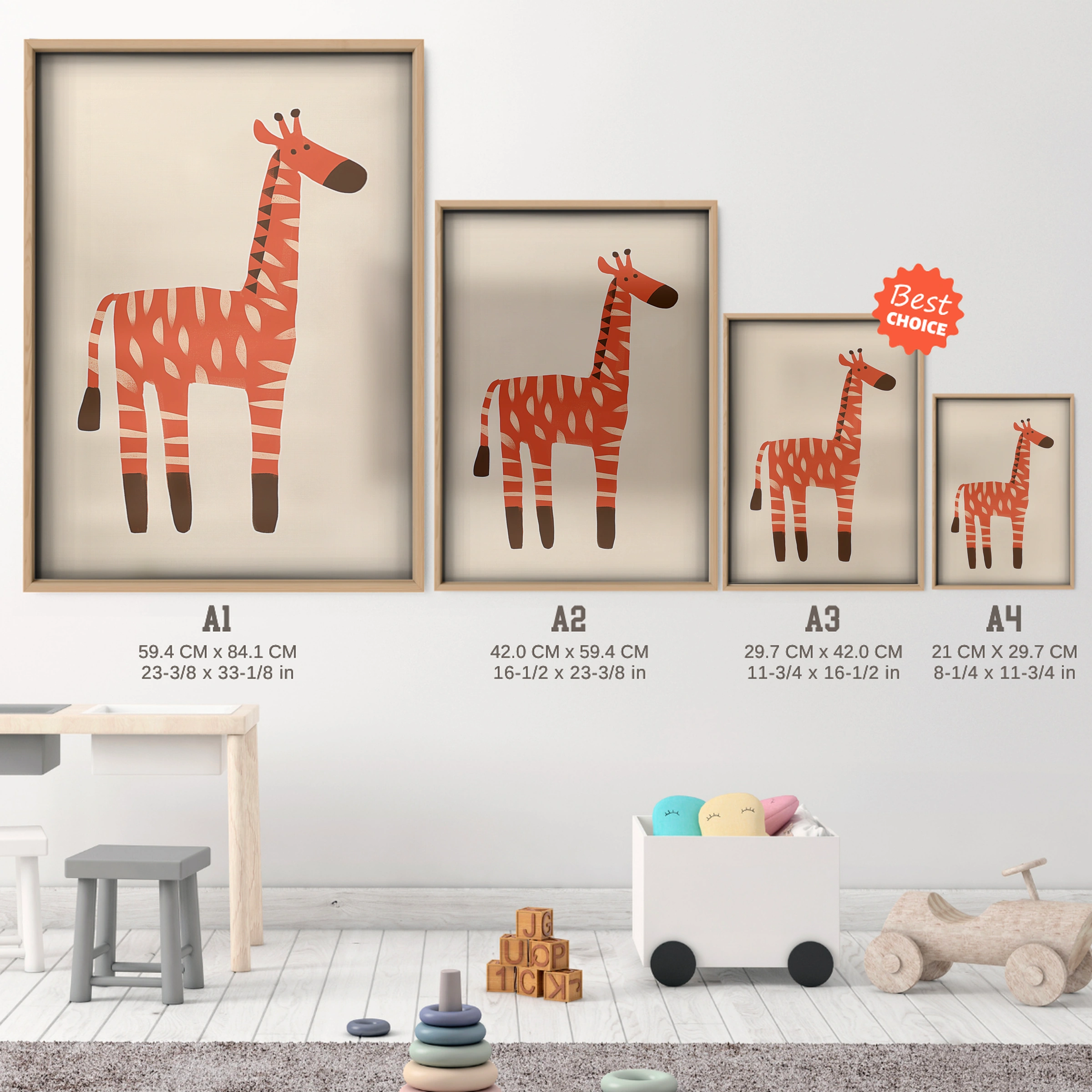 Orange Giraffe Two Nursery Print - size guide A4 A3 A2 A1 nursery print