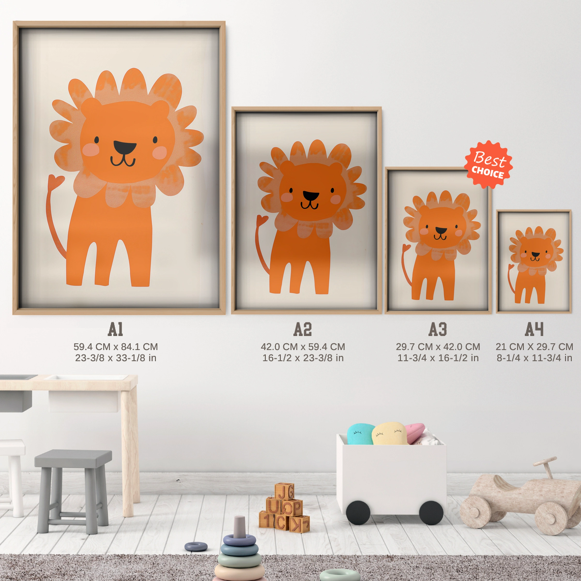 Orange Lion Nursery Print - size guide A4 A3 A2 A1 nursery print